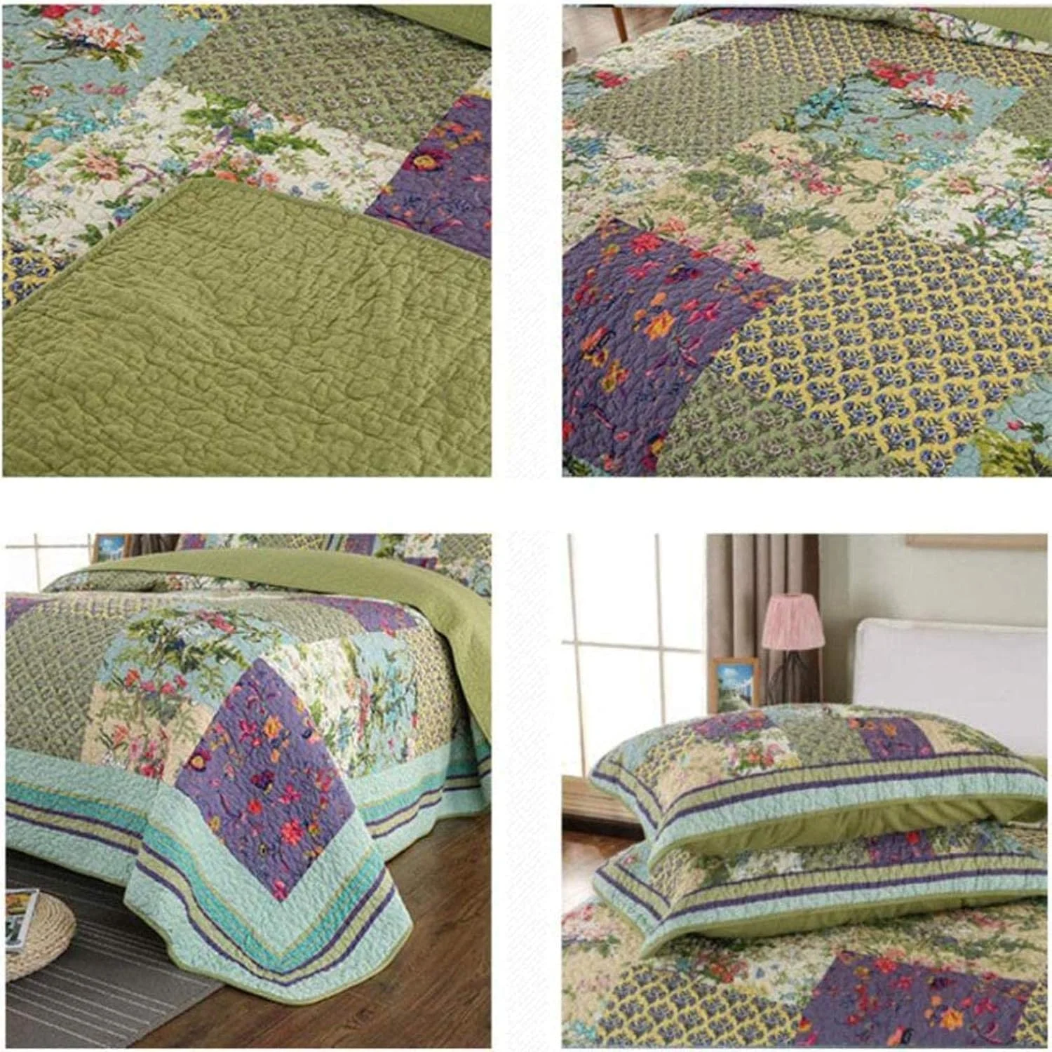 روتختی لحافی سه تکه طرح تکه دوزی، روکش تخت یکدست و ساده، رو تختی دو نفره به همراه روبالشتی