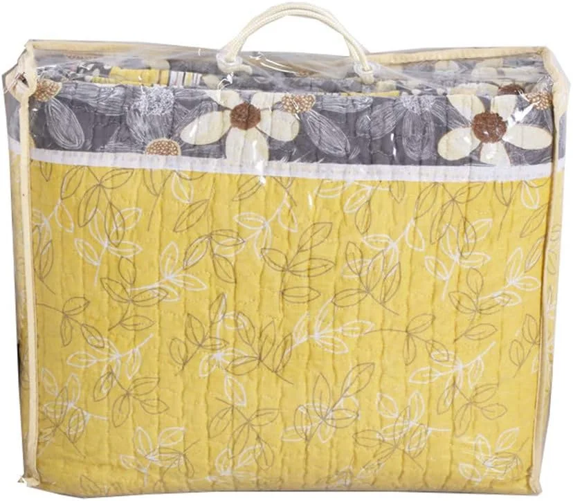 ست روتختی سه تکه خاکستری سایز دو نفره/کینگ با طرح گل های کوچک بژ و تکه دوزی زرد، لحاف پنبه ای 100%