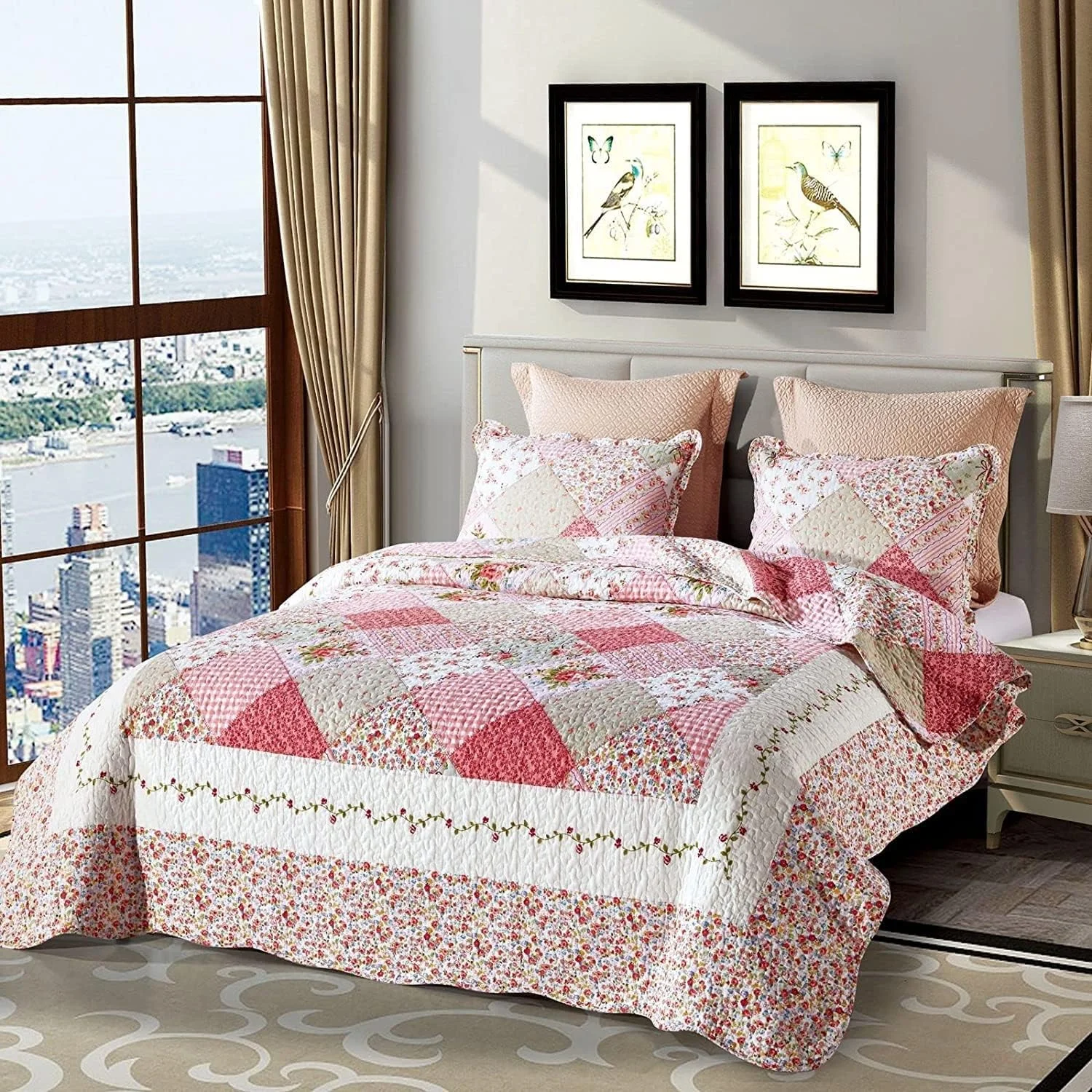 روتختی لحاف دوزی شده سایز بزرگ با رومیزی لحاف دوزی شده و روبالشتی، سبک وزن، گلدار صورتی