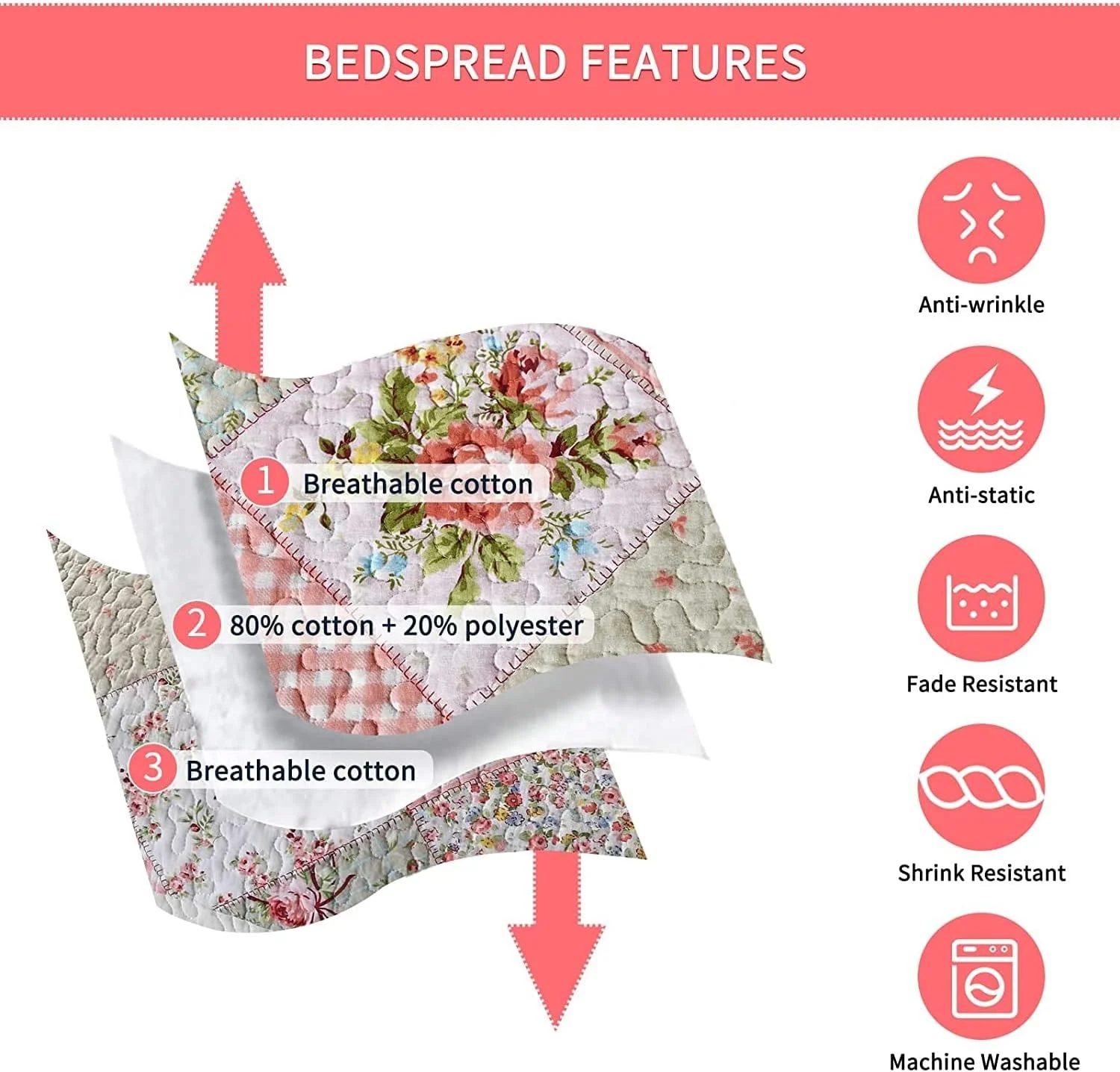 روتختی لحاف دوزی شده سایز بزرگ با رومیزی لحاف دوزی شده و روبالشتی، سبک وزن، گلدار صورتی