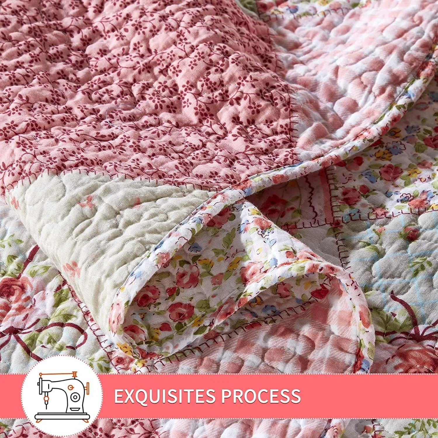 روتختی لحاف دوزی شده سایز بزرگ با رومیزی لحاف دوزی شده و روبالشتی، سبک وزن، گلدار صورتی