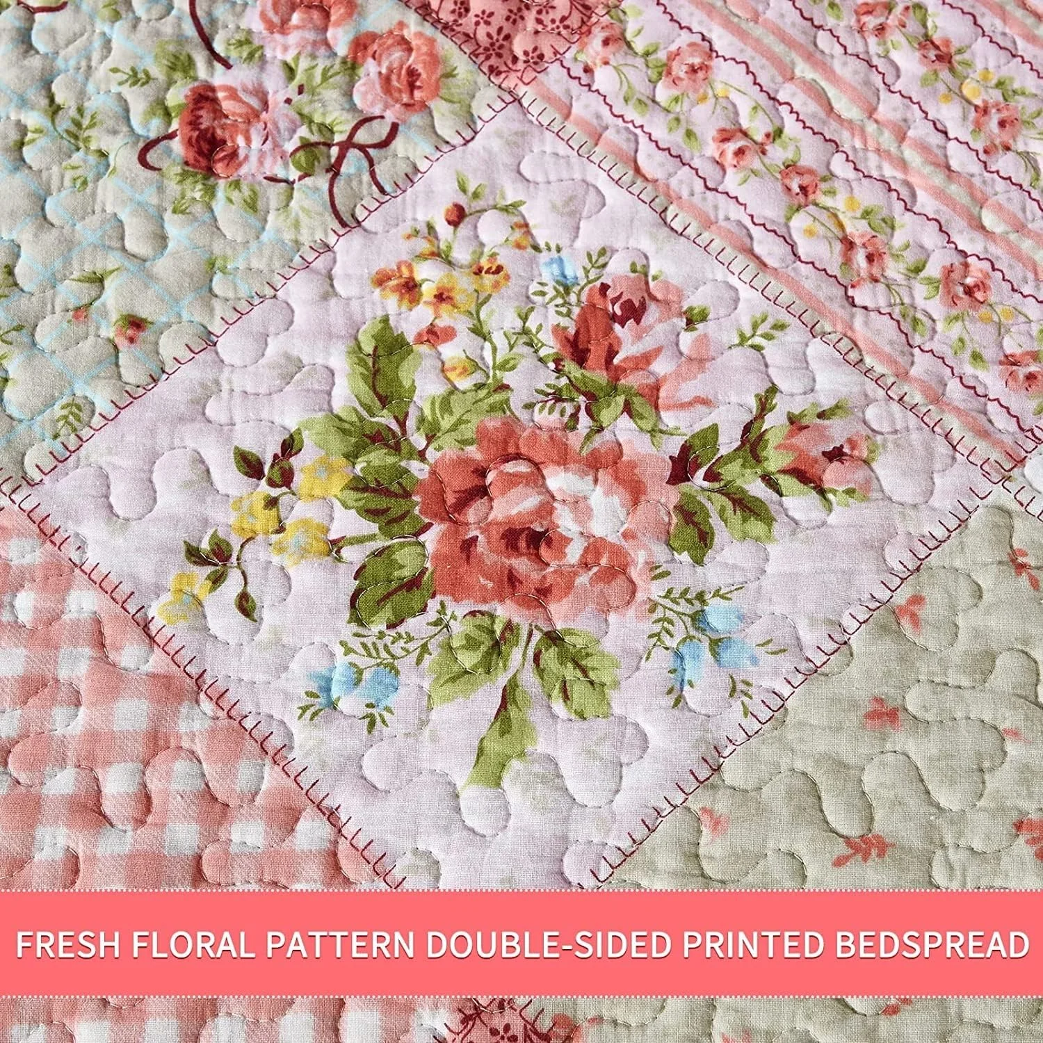 روتختی لحاف دوزی شده سایز بزرگ با رومیزی لحاف دوزی شده و روبالشتی، سبک وزن، گلدار صورتی