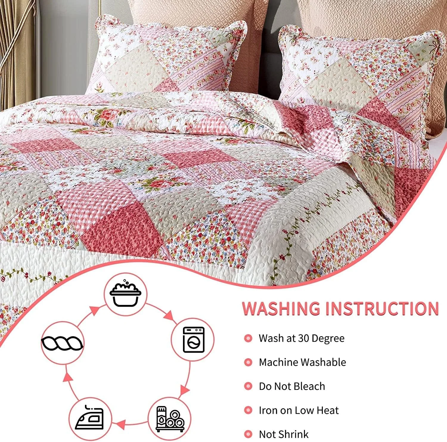 روتختی لحاف دوزی شده سایز بزرگ با رومیزی لحاف دوزی شده و روبالشتی، سبک وزن، گلدار صورتی