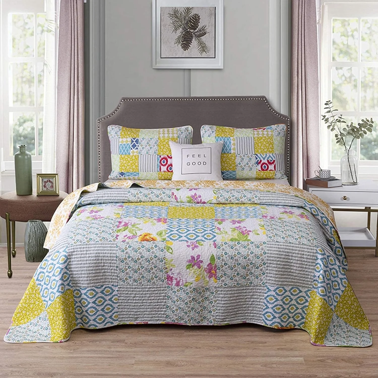 روتختی طرح دار، پتوی راه راه زرد و سفید، لحاف تکه دوزی پنبه ای، روتختی و ملحفه، ست رختخواب با روبالشتی