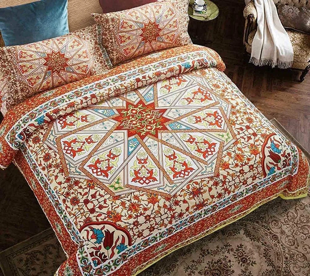 روتختی طرح دار با روبالشتی لبه پهن، بافت ساده، لحاف چاپی هنری، رو تختی پنبه ای، ست 4 تکه - مدل ب (مدل ث) (مدل د)