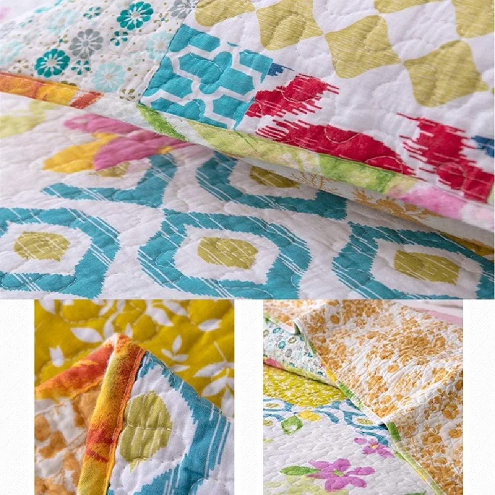 روتختی طرح دار، پتوی راه راه زرد و سفید، لحاف تکه دوزی پنبه ای، روتختی و ملحفه، ست رختخواب با روبالشتی