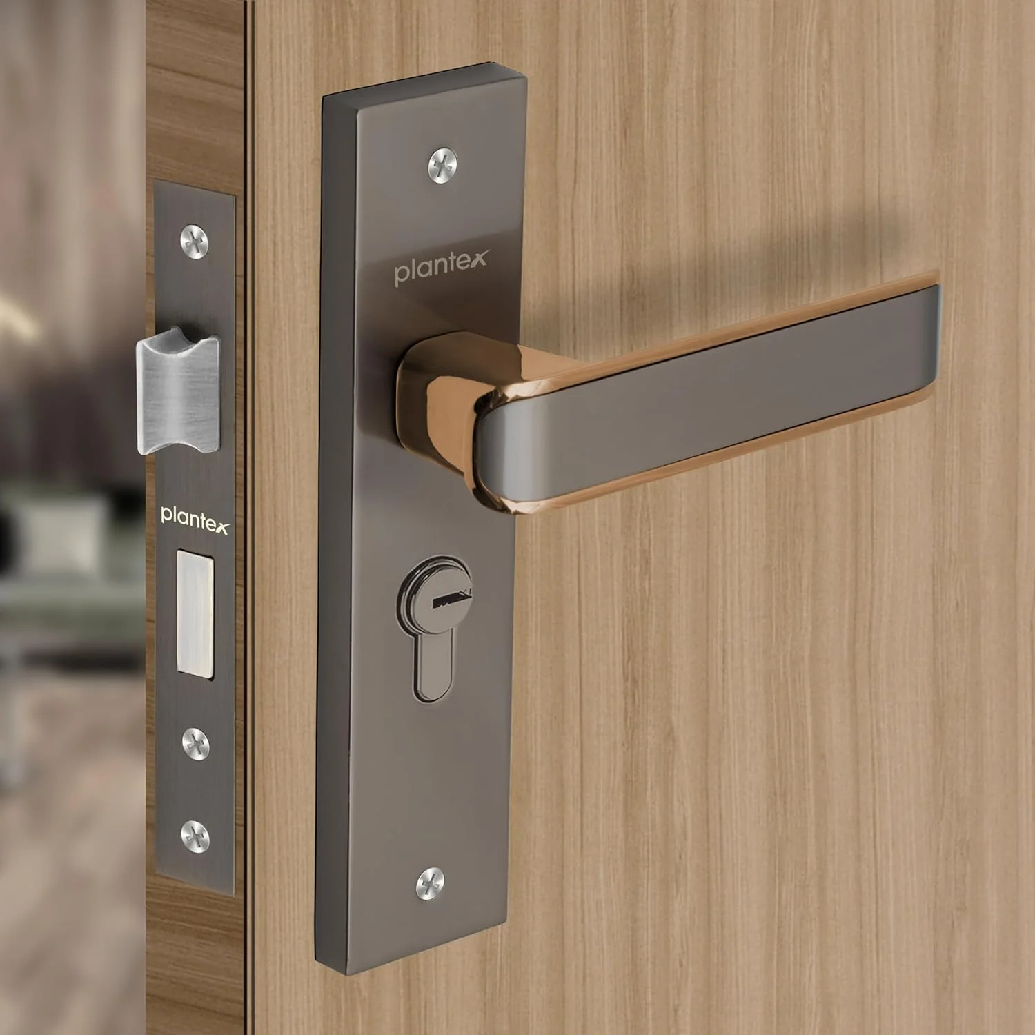 ست قفل درب سنگین پلنتکس - ست دستگیره قفل درب اصلی / مکانیزم قفل 6 اهرمی / قفل زبانه دار با 3 کلید، بدنه و سیلندر قفل برنجی (8112 - مشکی ساتن و شکلاتی PVD)