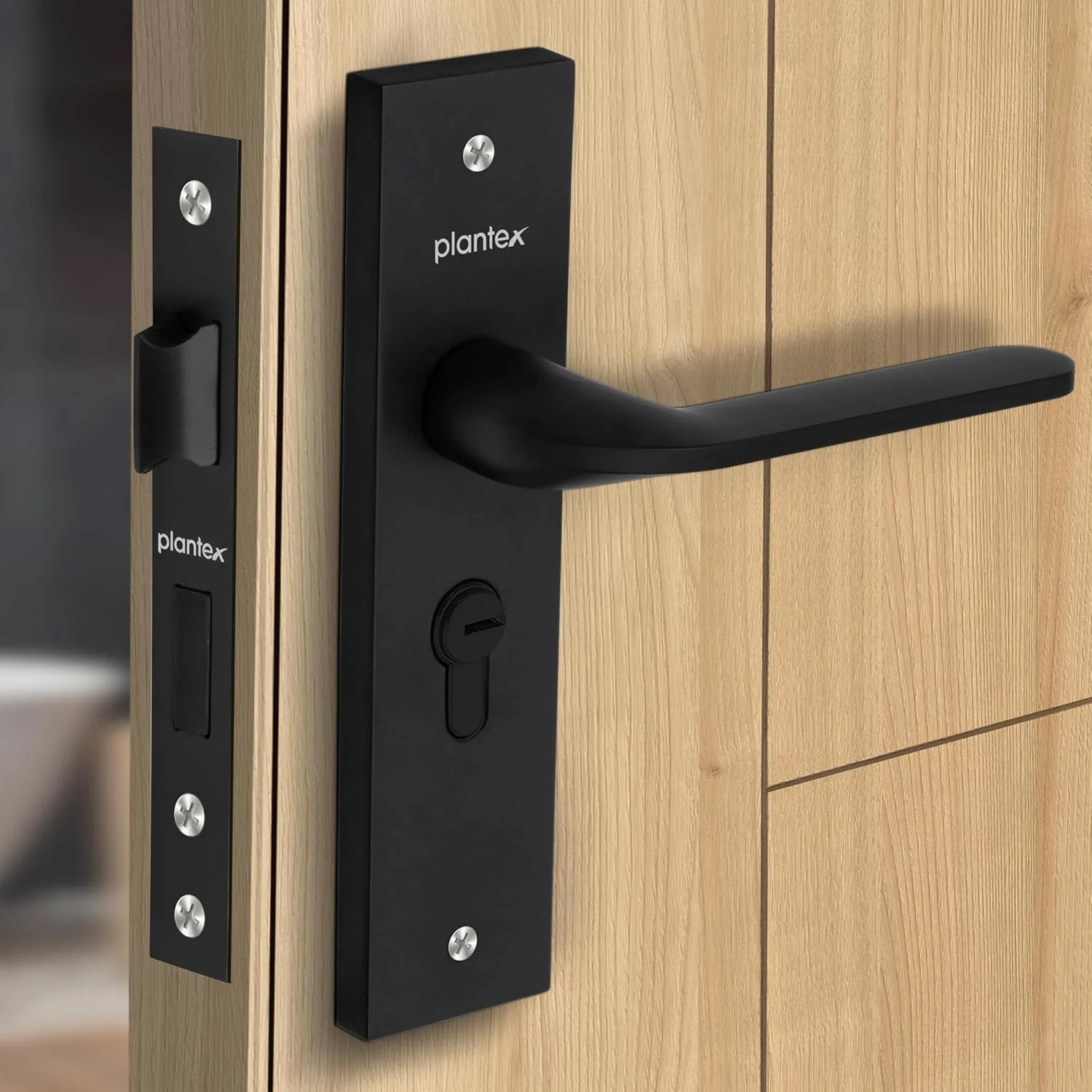 ست قفل درب سنگین Plantex - ست دستگیره قفل درب اصلی / قفل زبانه 6 اهرمی با 3 کلید، بدنه و سیلندر قفل برنجی (8060 - Z-Black)