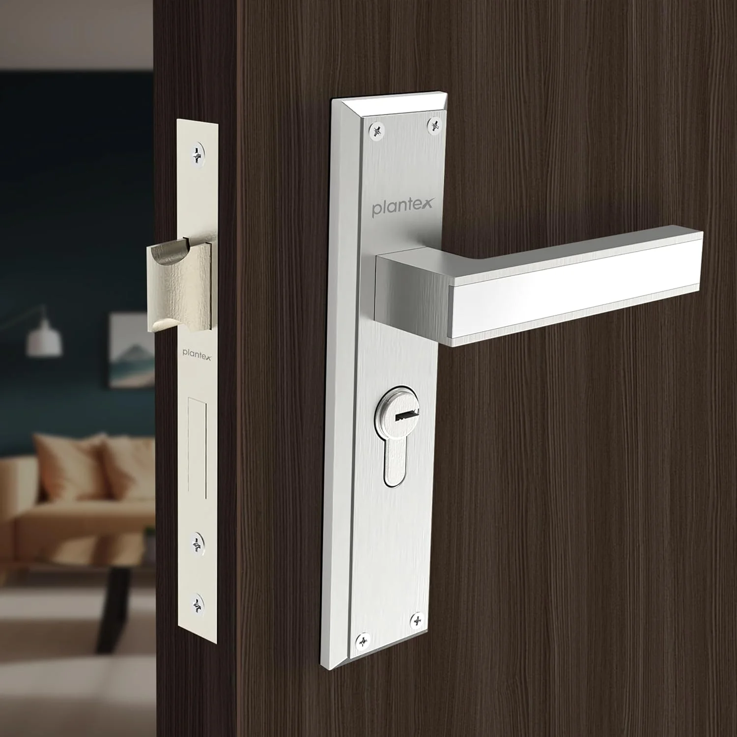 دستگیره قفل درب سنگین Plantex - ست دستگیره قفل درب اصلی / مکانیزم قفل 6 زبانه / قفل زبانه ای با 3 کلید، بدنه و سیلندر قفل برنجی (8081 - کروم و مات)