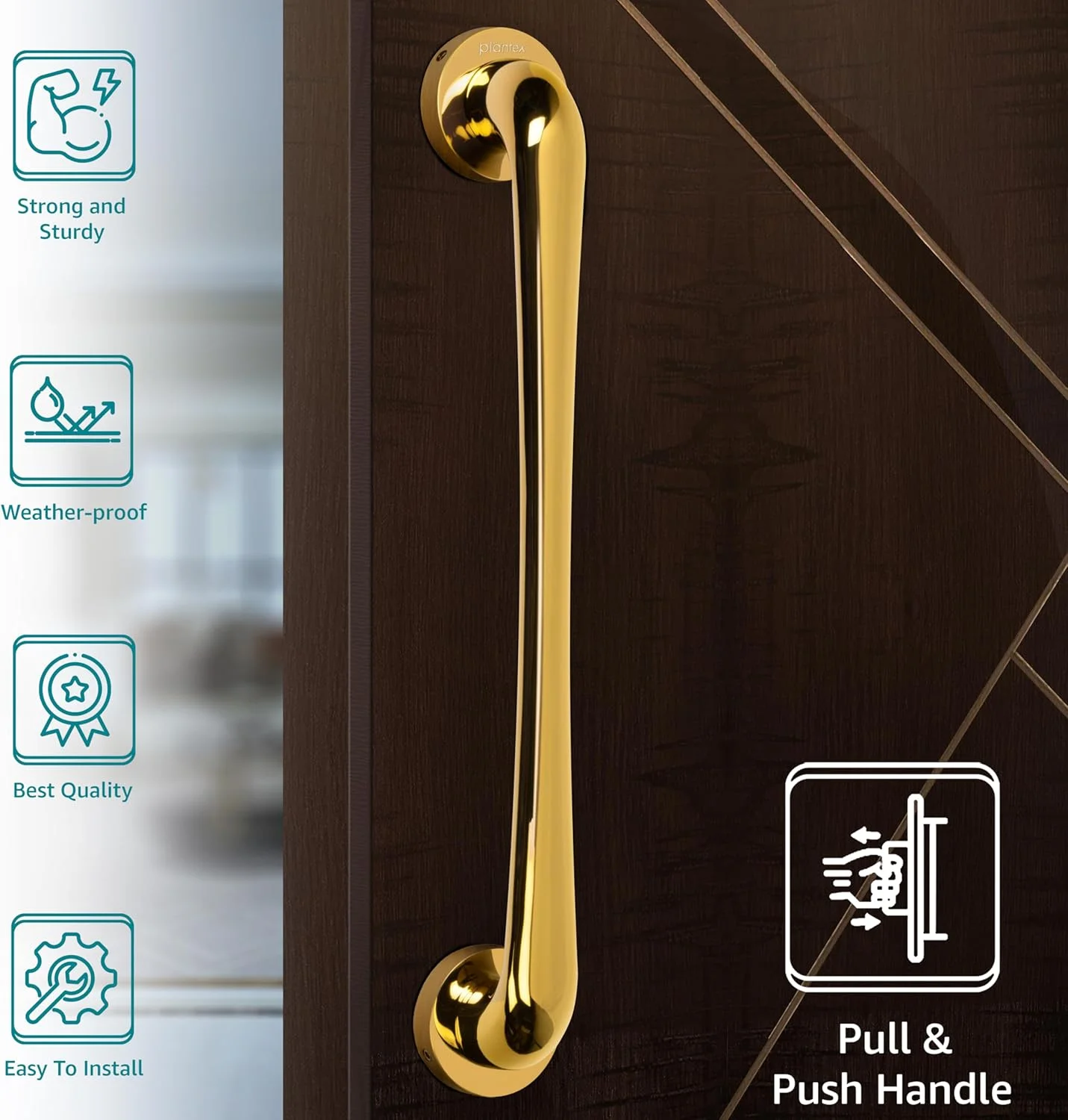 دستگیره درِ پلاکسی پلنتکس، مناسب برای درهای چوبی منزل، هتل و اداره (رنگ طلایی PVD - بلند) دستگیره درِ پلاکسی پلنتکس، مناسب برای درهای چوبی منزل، هتل و اداره (رنگ طلایی PVD - بلند)