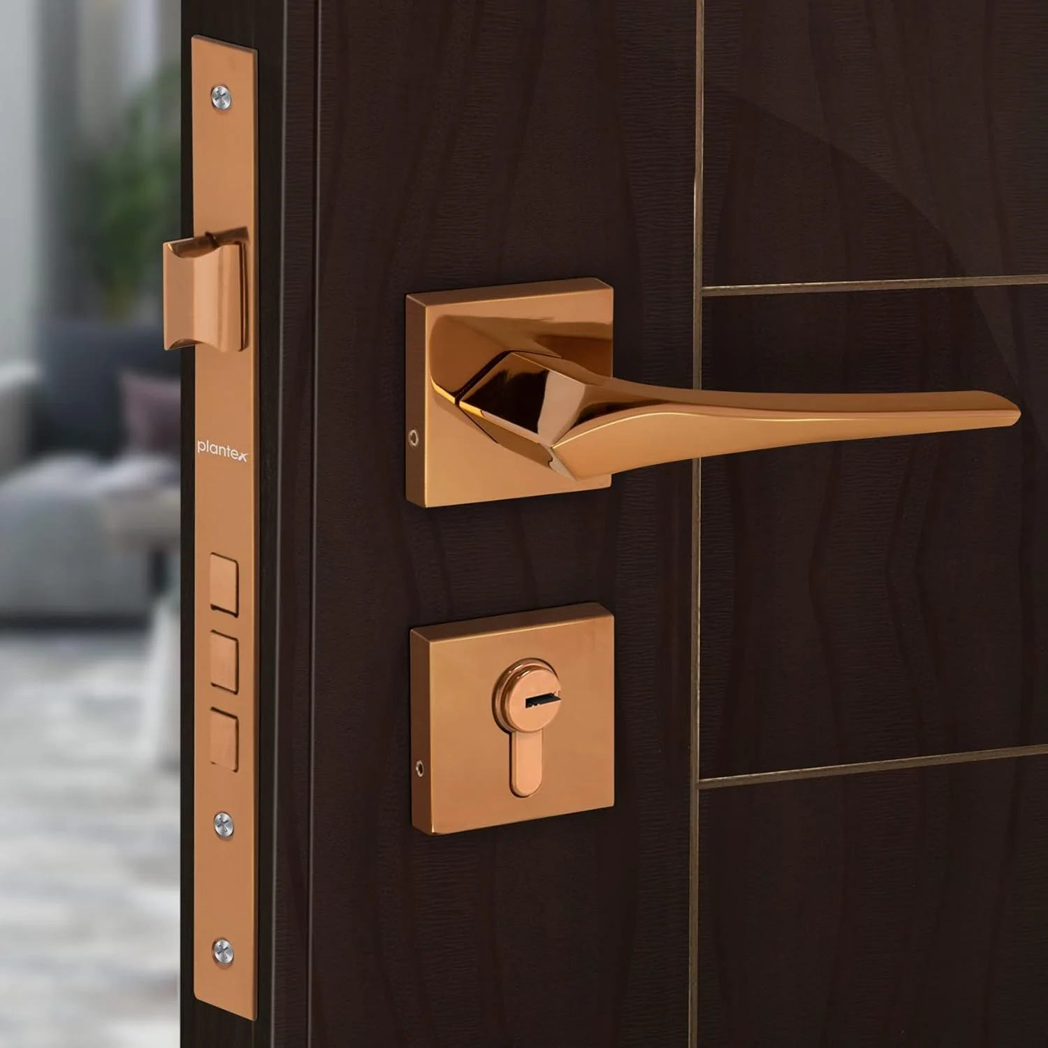 قفل زبانه ای سنگین Plantex 7101 به همراه دستگیره درب، مناسب برای درب اصلی منزل، درب اتاق خواب، اداره، هتل به همراه 3 کلید (شکلاتی PVD)