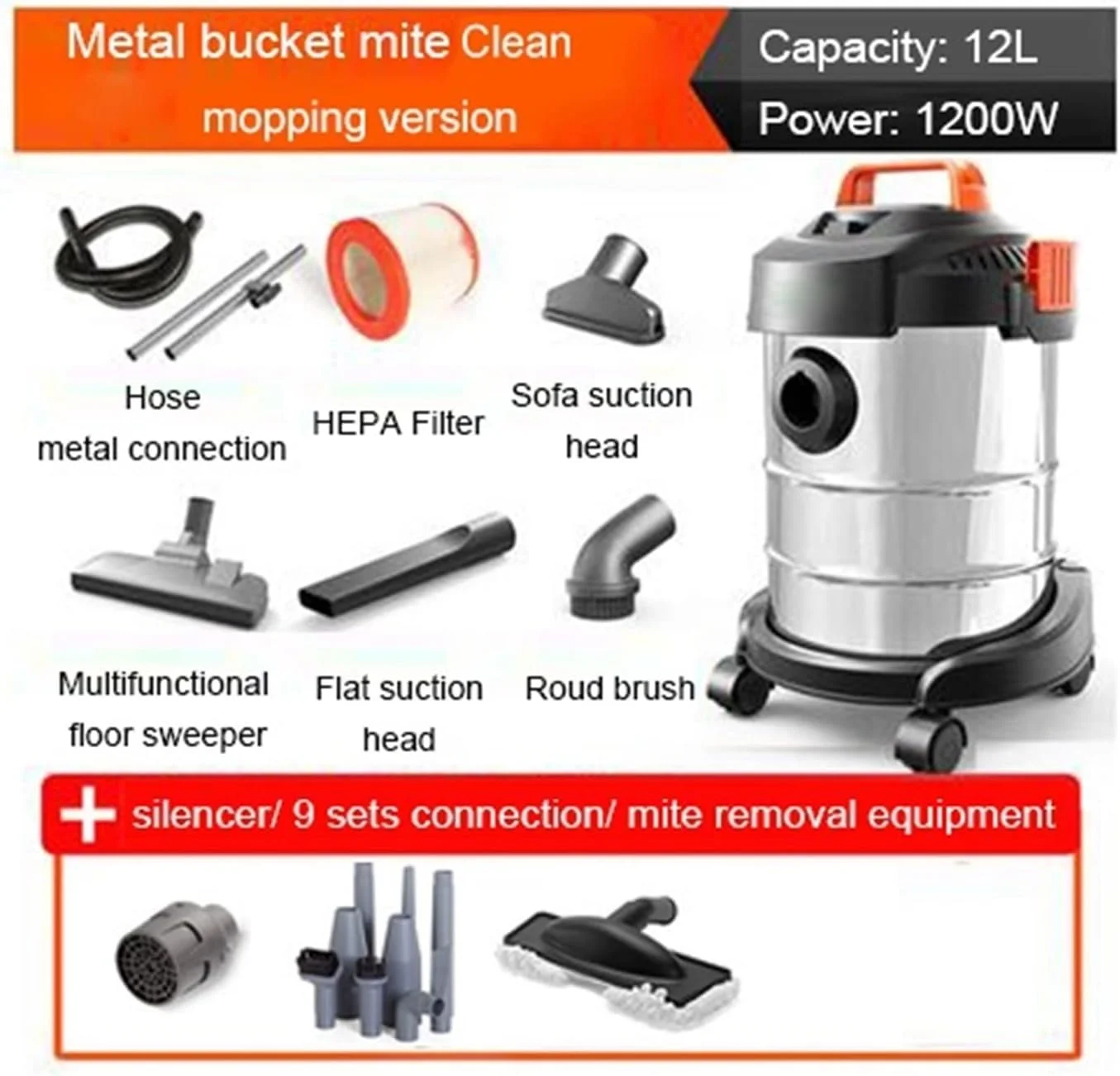 جاروبرقی آب و خاک IDEQUY، جاروبرقی سطلی آب و خاک، جاروبرقی، جمع کننده گرد و غبار، برس مکش فرش فروشگاهی خودرو، جارو صنعتی، حذف کننده کنه تشک (رنگ: تمیز کردن با طی، اندازه: خیلی کوچک)