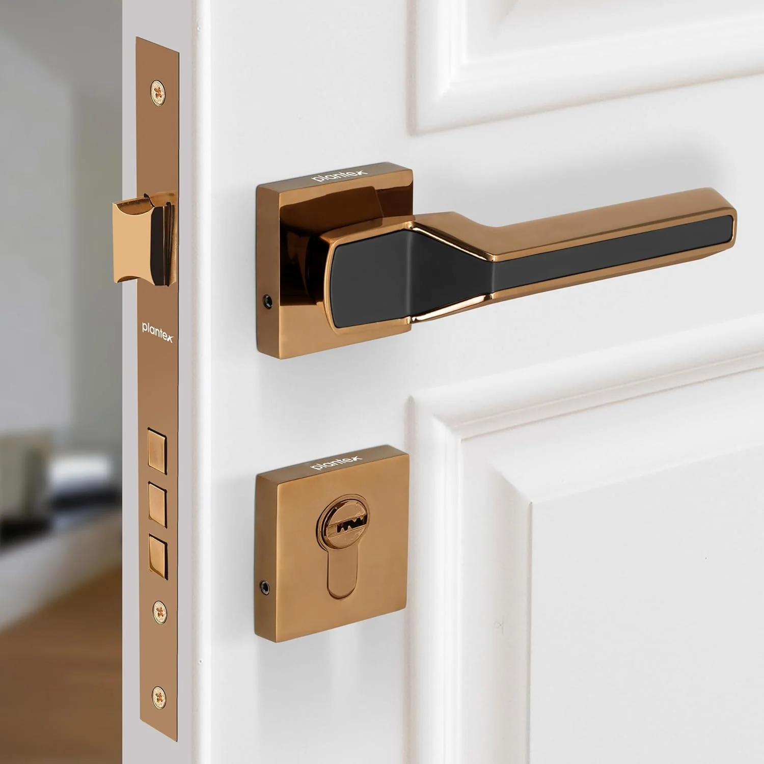 قفل درب برنجی و روی با کیفیت Plantex / قفل اصلی درب منزل / قفل های توکار برای منزل (PT-008- رزگلد و مشکی)