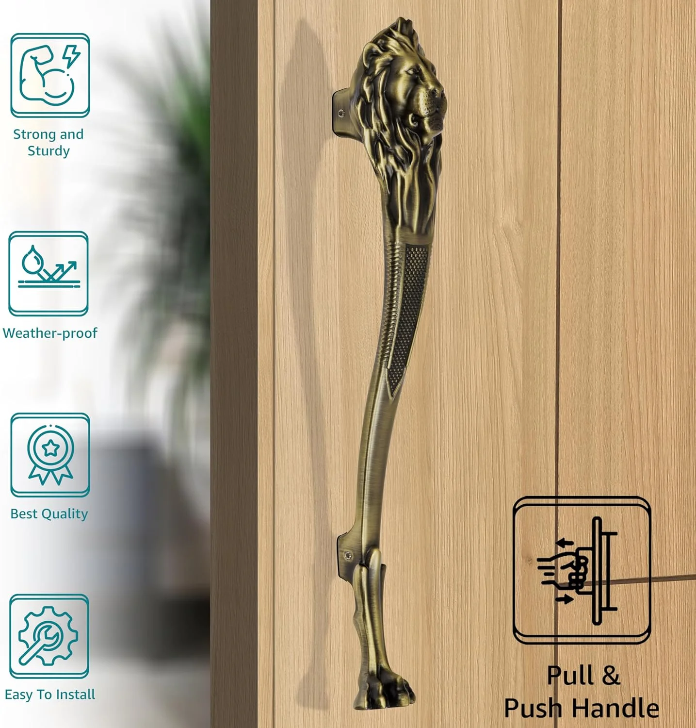 دستگیره درب شیر نشان Plantex Singham 15 اینچی برای درب اصلی (283-برنجی عتیقه غنی) دستگیره درب شیر نشان Plantex Singham 15 اینچی برای درب اصلی (283-برنجی عتیقه غنی)