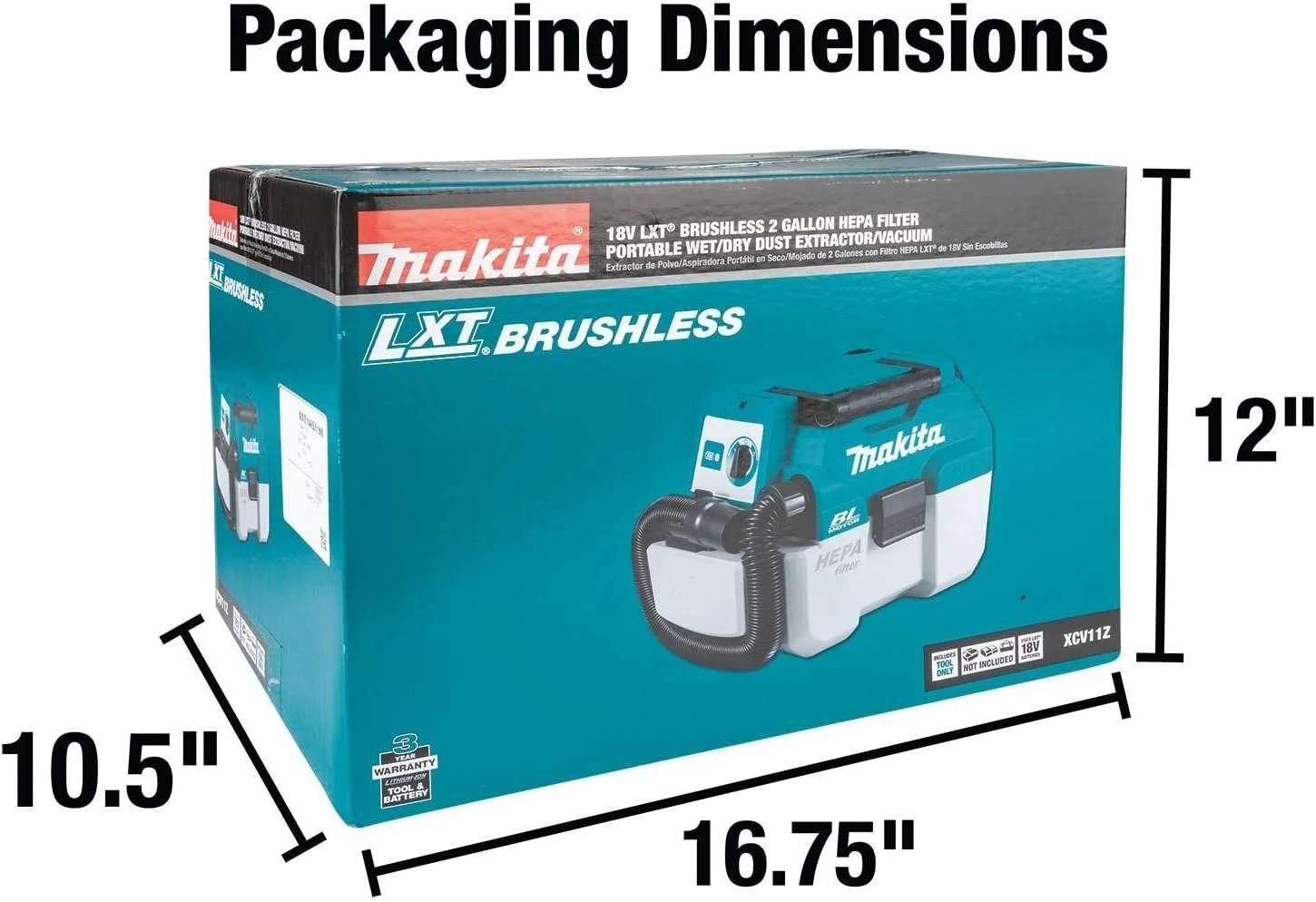 جاروبرقی/مکنده گرد و غبار تر و خشک قابل حمل 2 گالن Makita XCV11Z 18V LXT لیتیوم-یون بدون برس با فیلتر HEPA، فقط ابزار