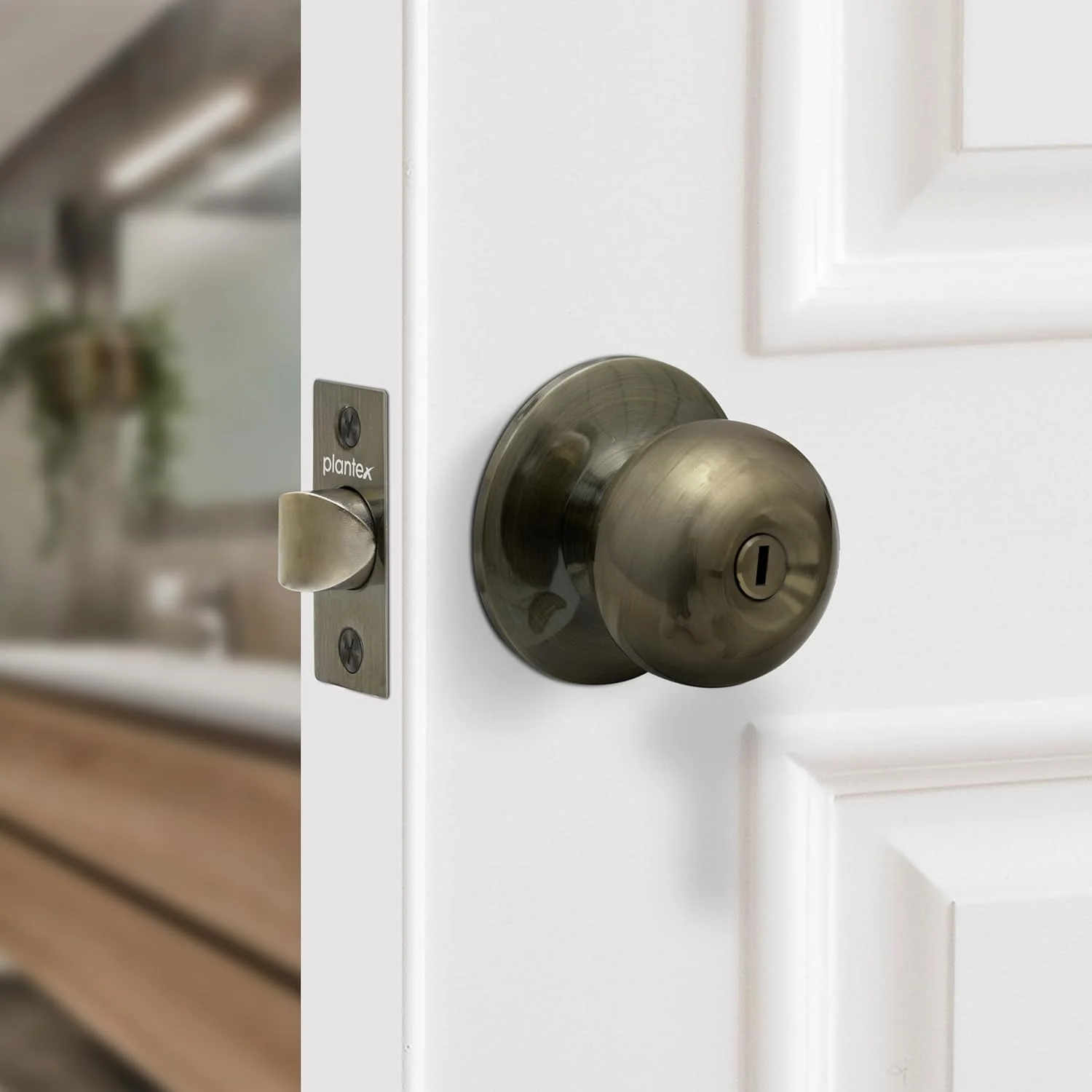 قفل درب سرویس بهداشتی Plantex / قفل استوانه‌ای بدون کلید برای سرویس بهداشتی / بالکن / دستگیره درب لوله‌ای (بدون کلید - برنجی آنتیک)