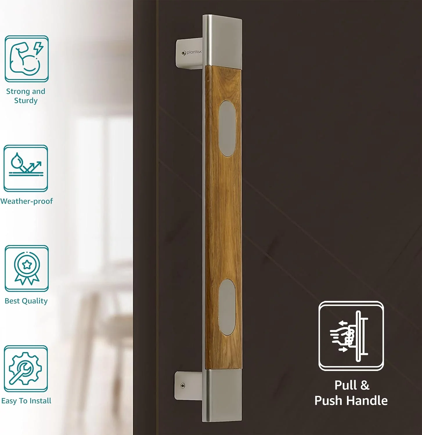 دستگیره درب ورودی پلنتکس مدل Heavy Duty / دستگیره درب 35 سانتی متری برای درب ورودی / دستگیره فشاری کششی برای درب شیشه ای / چوبی با روکش ساتن و چوب - بسته 1 عددی