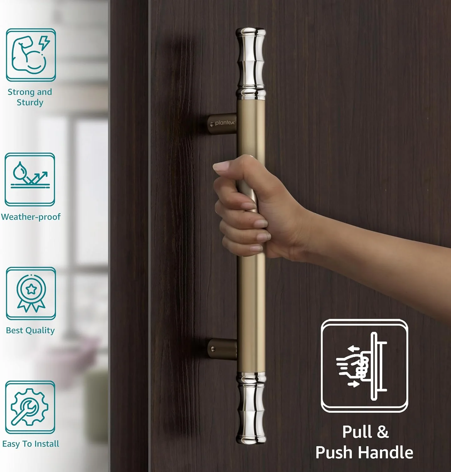 دستگیره استیل ضد زنگ Plantex، مناسب برای درب اصلی/درب چوبی شیشه ای/دستگیره کششی-فشاری، بسته 1 عددی (سفید ساتن و روکش کروم، 35 سانتیمتر)