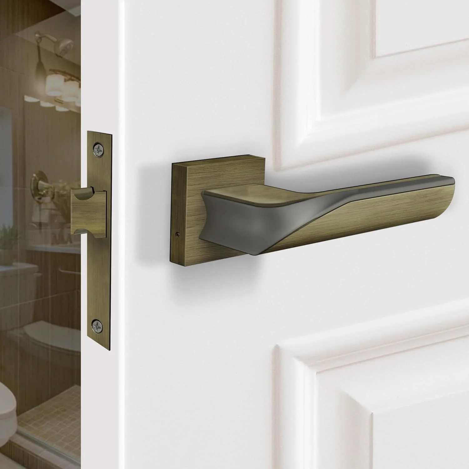 دستگیره قفل درب توالت Plantex 7086 مدل Premium Heavy-duty با زبانه کودک و دستگیره فشاری-کششی - بدون صدا، مقاوم در برابر آب و هوا و بدون کلید (برنجی عتیقه/مشکی ساتن-مات)