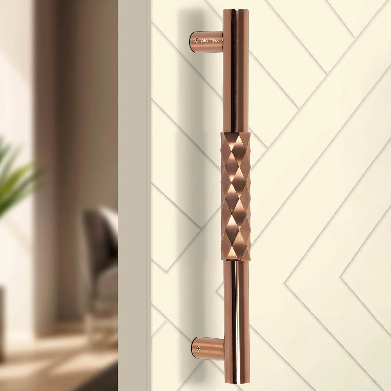 دستگیره درب پلنتکس / دکوراسیون درب و منزل / دستگیره اصلی درب 14 اینچی / دستگیره فشاری کششی درب - بسته 1 عددی (299، روکش طلایی رز PVD)