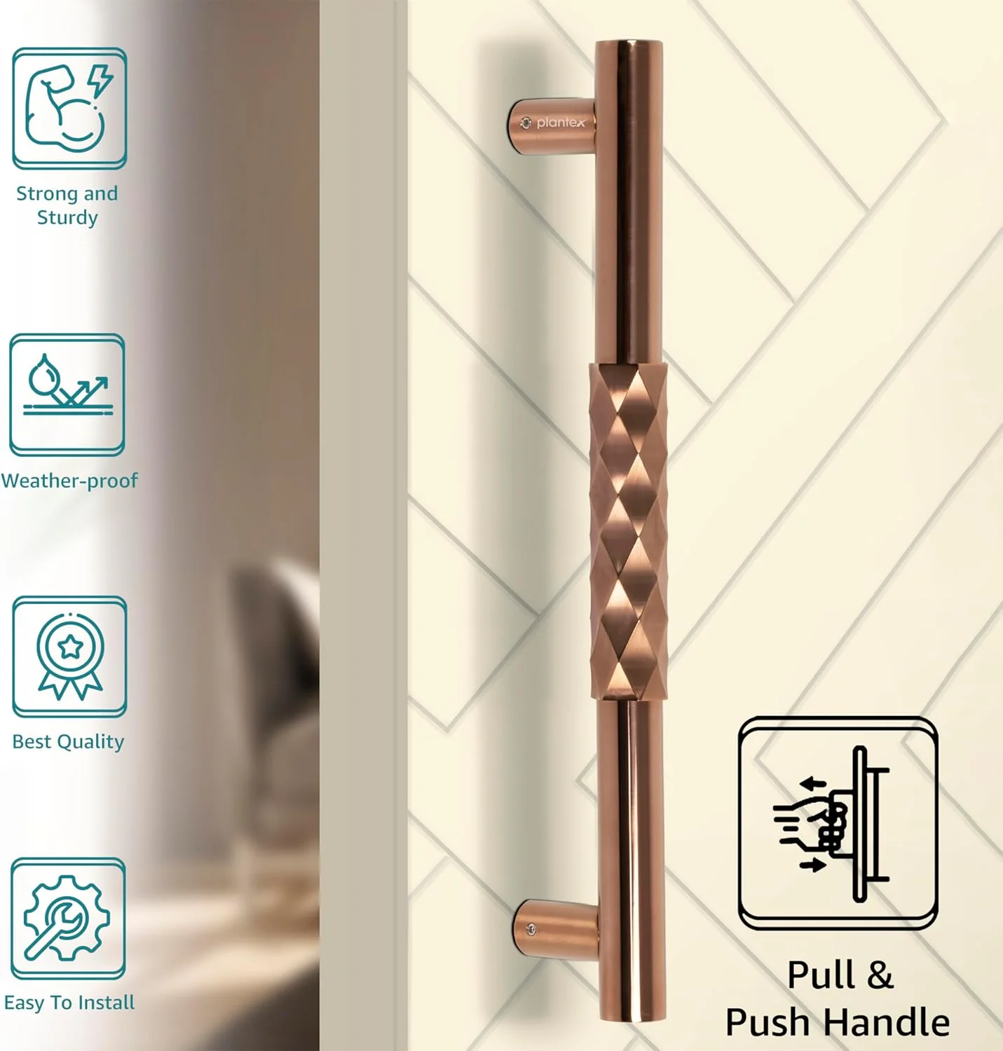 دستگیره درب پلنتکس / دکوراسیون درب و منزل / دستگیره اصلی درب 14 اینچی / دستگیره فشاری کششی درب - بسته 1 عددی (299، روکش طلایی رز PVD) دستگیره درب پلنتکس / دکوراسیون درب و منزل / دستگیره اصلی درب 14 اینچی / دستگیره فشاری کششی درب - بسته 1 عددی (299، روکش طلایی رز PVD)