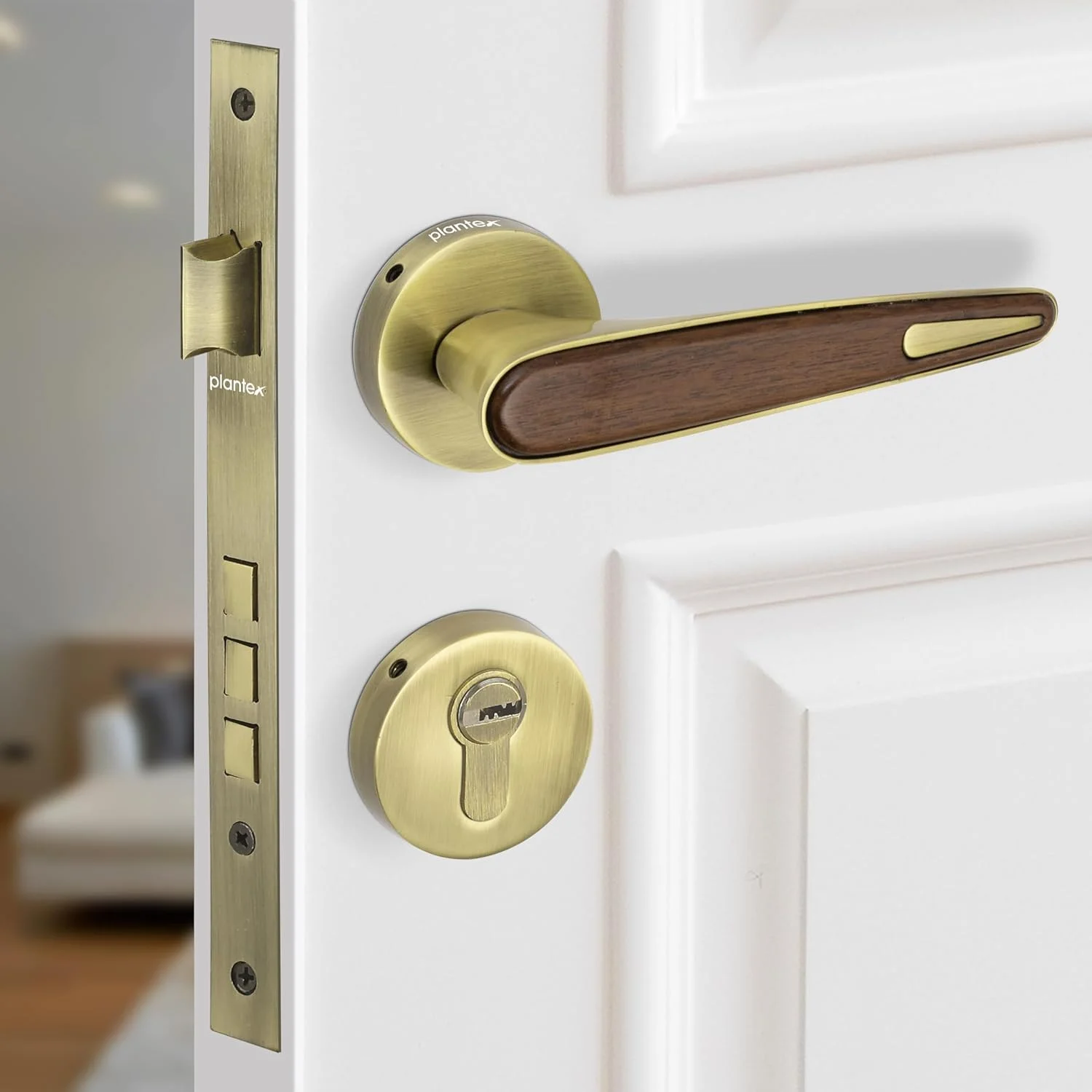 قفل درب سنگین پلنتکس / قفل توکار درب اصلی / دستگیره مناسب منزل / محل کار - لوازم جانبی درب (برنجی عتیقه و طرح چوب)