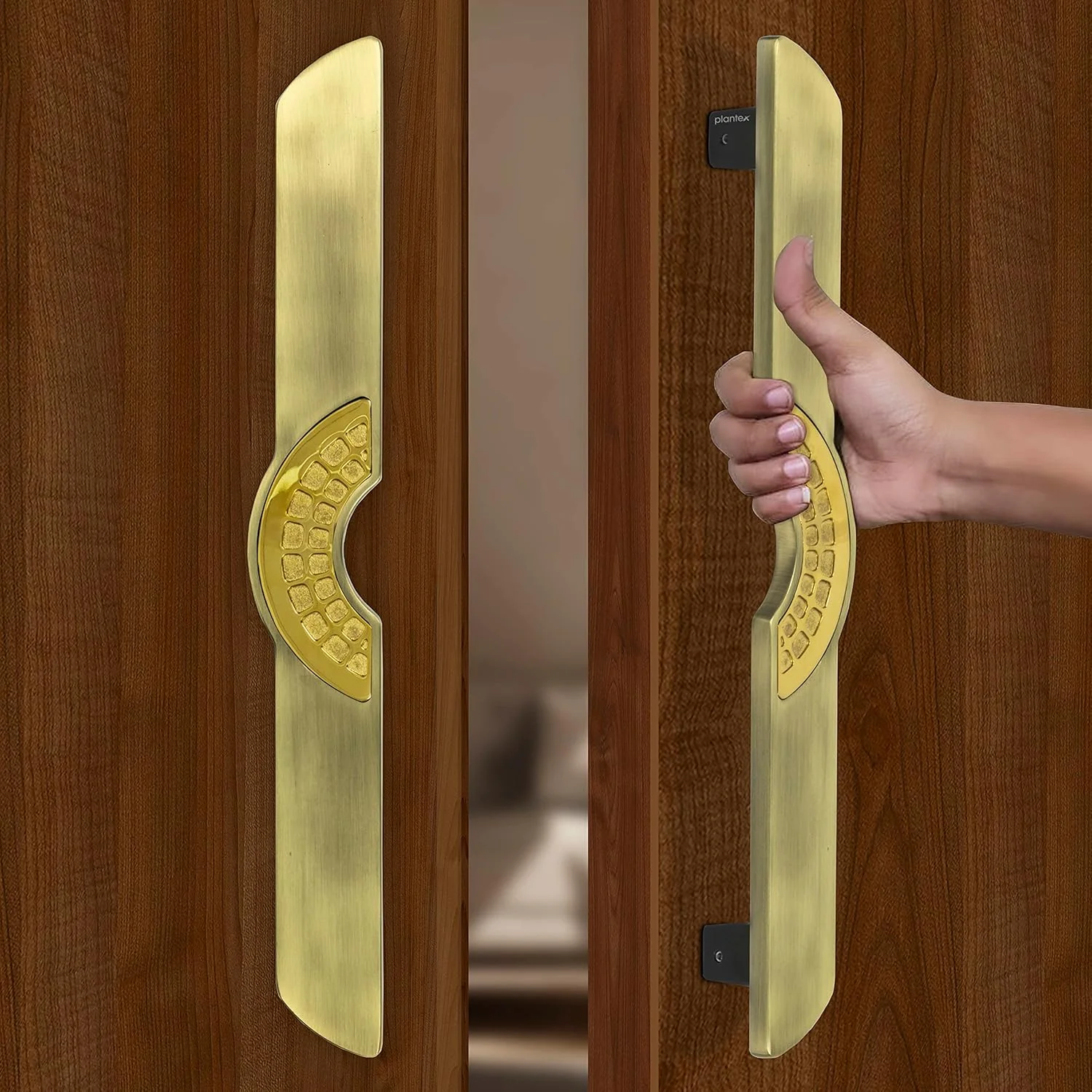 دستگیره درب پلنتکس / دکوراسیون درب و منزل / دستگیره اصلی درب 15 اینچی / دستگیره فشاری کششی درب - بسته 1 عددی (316، برنجی عتیقه و روکش طلایی)