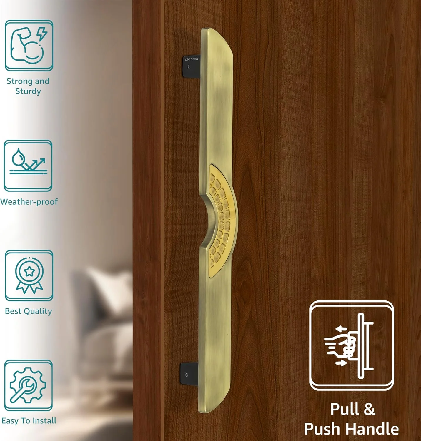 دستگیره درب پلنتکس / دکوراسیون درب و منزل / دستگیره اصلی درب 15 اینچی / دستگیره فشاری کششی درب - بسته 1 عددی (316، برنجی عتیقه و روکش طلایی)