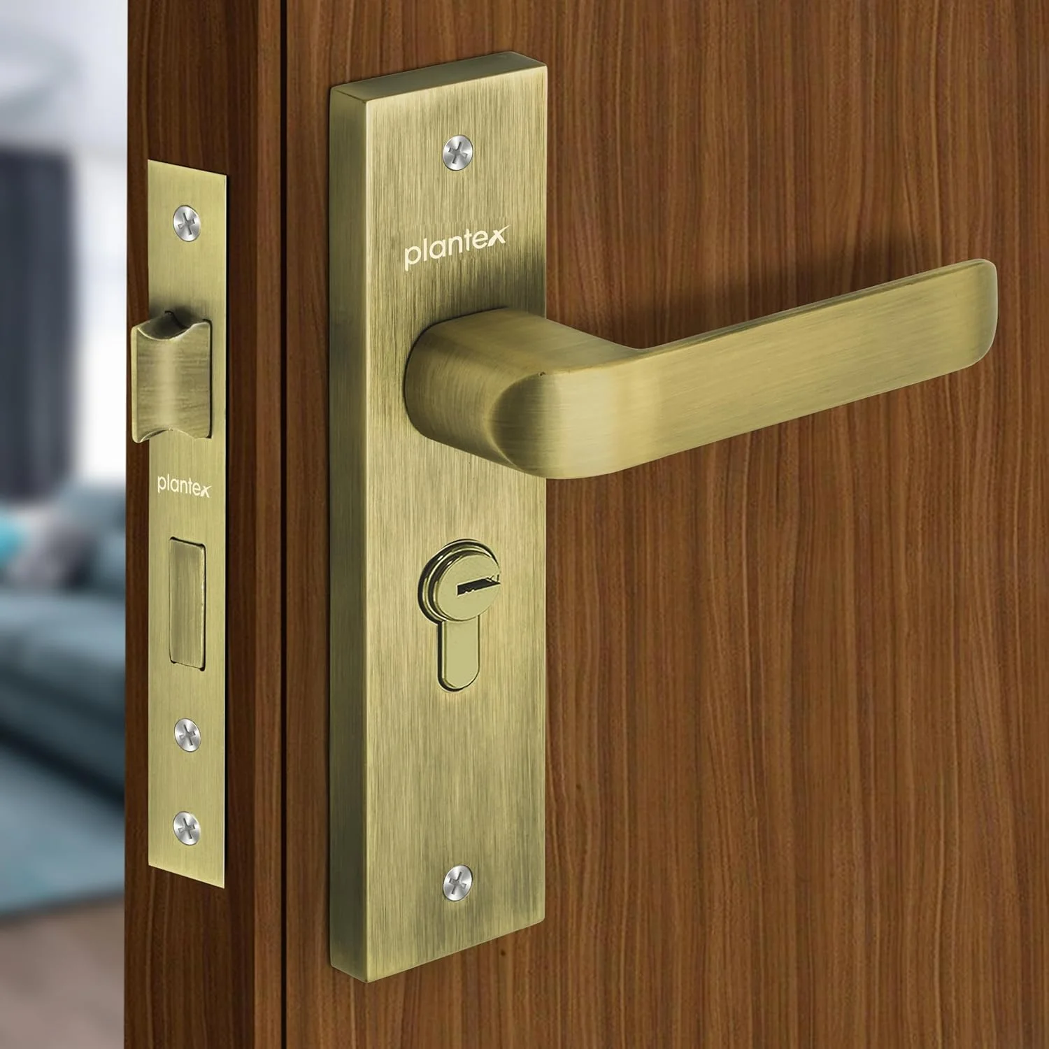 ست قفل درب سنگین Plantex - ست دستگیره قفل درب اصلی / مکانیزم قفل 6 اهرمی / قفل زبانه دار با 3 کلید، بدنه و سیلندر قفل برنجی (8110 - برنجی عتیقه)
