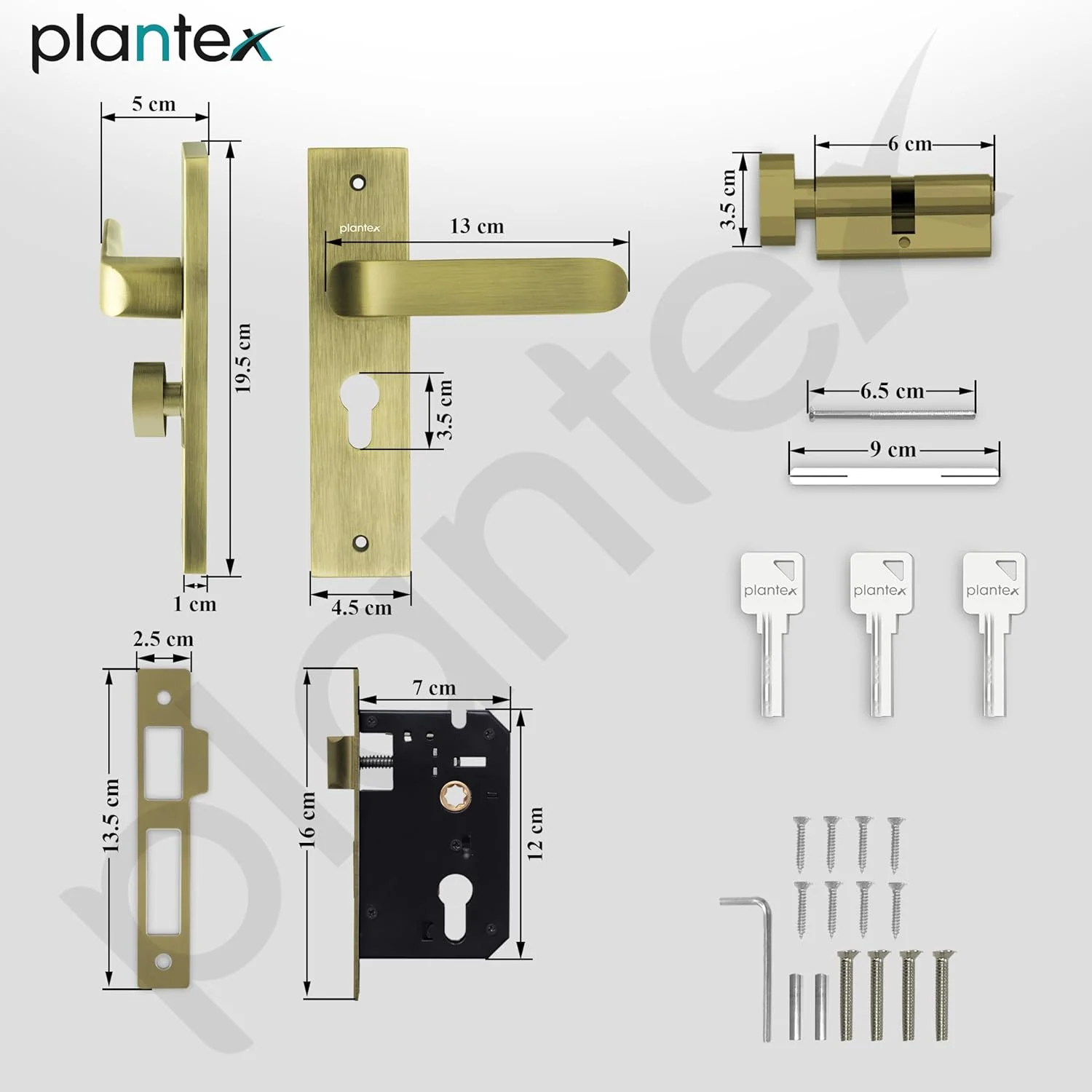 ست قفل درب سنگین Plantex - ست دستگیره قفل درب اصلی / مکانیزم قفل 6 اهرمی / قفل زبانه دار با 3 کلید، بدنه و سیلندر قفل برنجی (8110 - برنجی عتیقه) ست قفل درب سنگین Plantex - ست دستگیره قفل درب اصلی / مکانیزم قفل 6 اهرمی / قفل زبانه دار با 3 کلید، بدنه و سیلندر قفل برنجی (8110 - برنجی عتیقه)