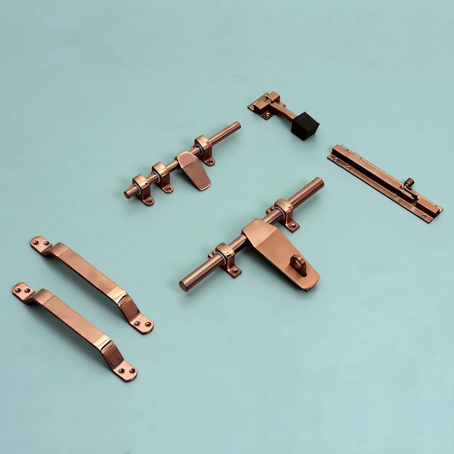 ست کامل یراق آلات درب استیل Plantex برای درب تکی شامل قفل، دستگیره، زبانه و استاپر (رنگ رزگلد) ست کامل یراق آلات درب استیل Plantex برای درب تکی شامل قفل، دستگیره، زبانه و استاپر (رنگ رزگلد)