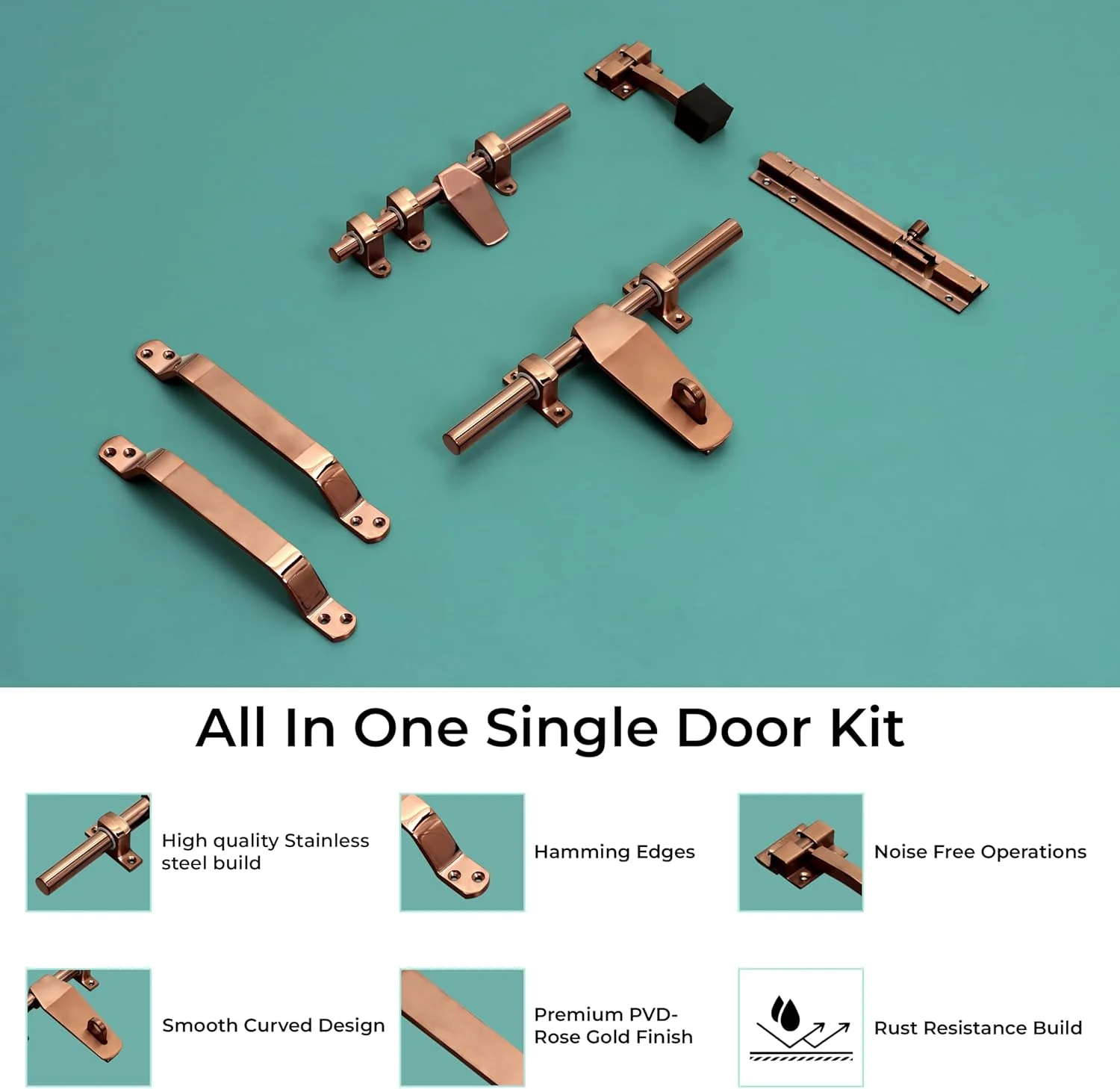 ست کامل یراق آلات درب استیل Plantex برای درب تکی شامل قفل، دستگیره، زبانه و استاپر (رنگ رزگلد) ست کامل یراق آلات درب استیل Plantex برای درب تکی شامل قفل، دستگیره، زبانه و استاپر (رنگ رزگلد)