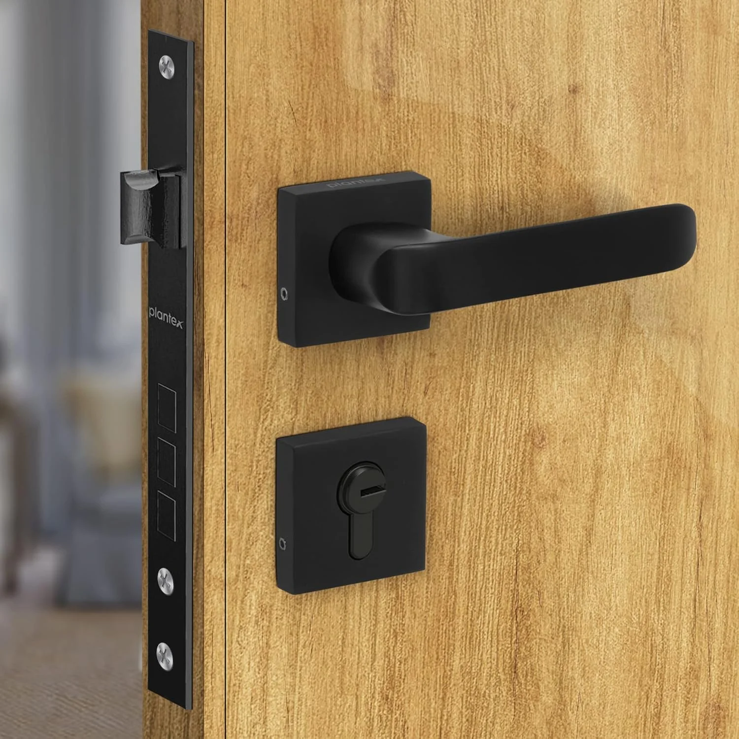 قفل درب توکار سنگین پلنتکس مدل 7110 به همراه دستگیره درب مناسب درب اصلی منزل، اتاق خواب، اداره، هتل به همراه 3 کلید (مشکی)