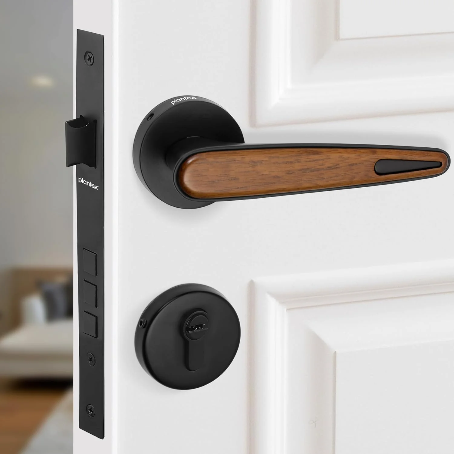 قفل درب سنگین پلنتکس / قفل زبانه و دستگیره درب اصلی برای خانه / دفتر - لوازم جانبی درب (مشکی و طرح چوب)
