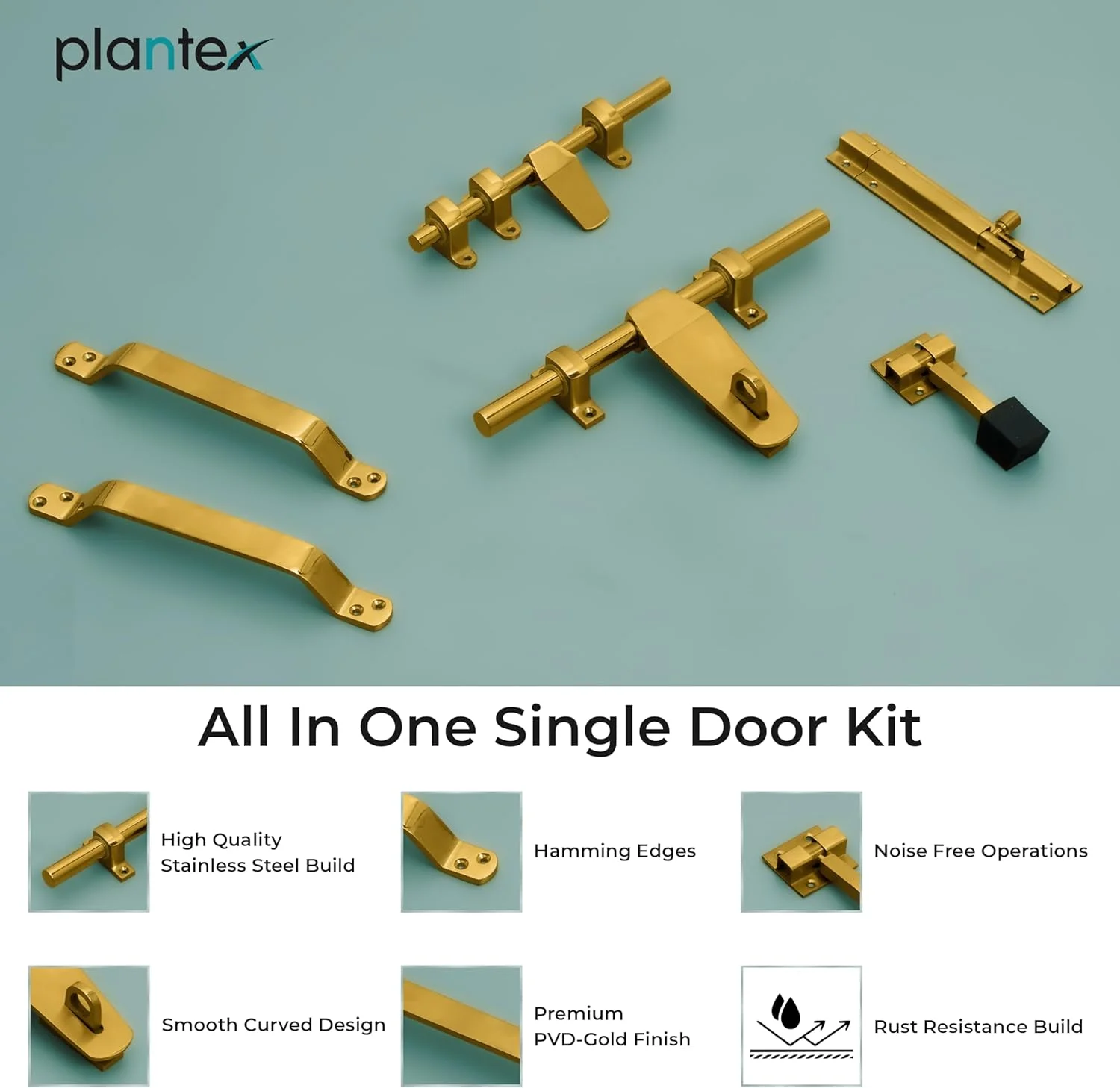 کیت درب استیل Plantex برای درب تکی / یراق آلات درب / لوازم جانبی درب (شامل قفل آویز 10 اینچی، زبانه 8 اینچی، 2 دستگیره 8 اینچی، قفل اهرمی 7 اینچی و استاپر درب 4 اینچی) - (DK-07-PVD طلایی)