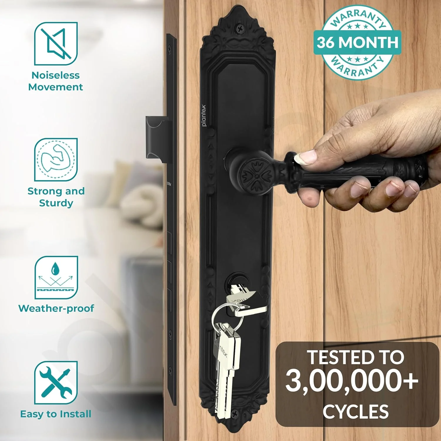 ست قفل درب سنگین پلنتکس - ست دستگیره قفل درب اصلی / مکانیزم قفل 6 زبانه / قفل زبانه دار با 3 کلید، بدنه و سیلندر قفل برنجی (596 - مشکی)