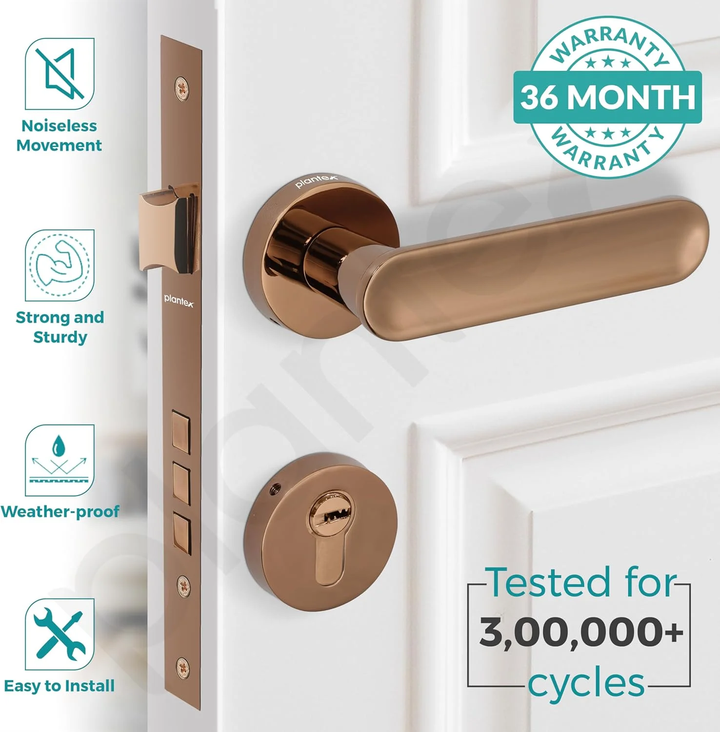 قفل درب پریمیوم پلنتکس - قفل زبانه دار برای درب اصلی (روکش رزگلد PVD) قفل درب پریمیوم پلنتکس - قفل زبانه دار برای درب اصلی (روکش رزگلد PVD)