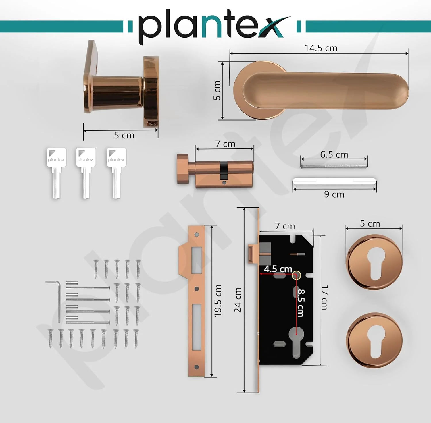 قفل درب پریمیوم پلنتکس - قفل زبانه دار برای درب اصلی (روکش رزگلد PVD) قفل درب پریمیوم پلنتکس - قفل زبانه دار برای درب اصلی (روکش رزگلد PVD)