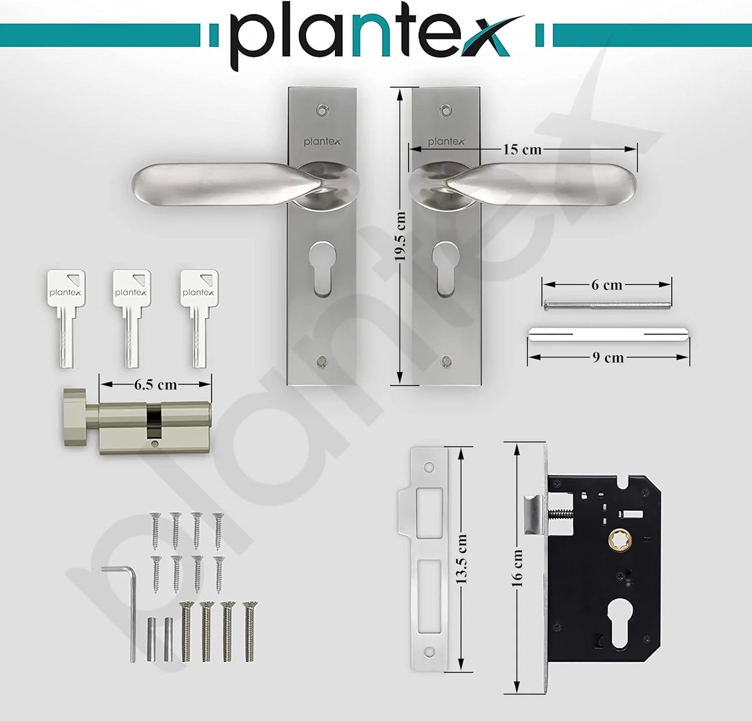 قفل درب مورتایز سنگین Plantex 8106 با دستگیره درب، مناسب برای درب اصلی منزل، دارای دستگیره کششی/فشاری برای اتاق خواب/دفتر/هتل/حمام به همراه 3 کلید (مات)