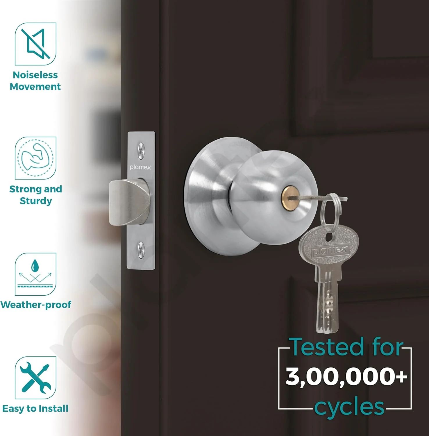 قفل درب استیل Plantex - قفل استوانه‌ای با 3 کلید / دستگیره درب لوله‌ای / قفل برای درب اصلی / اتاق خواب (مات)