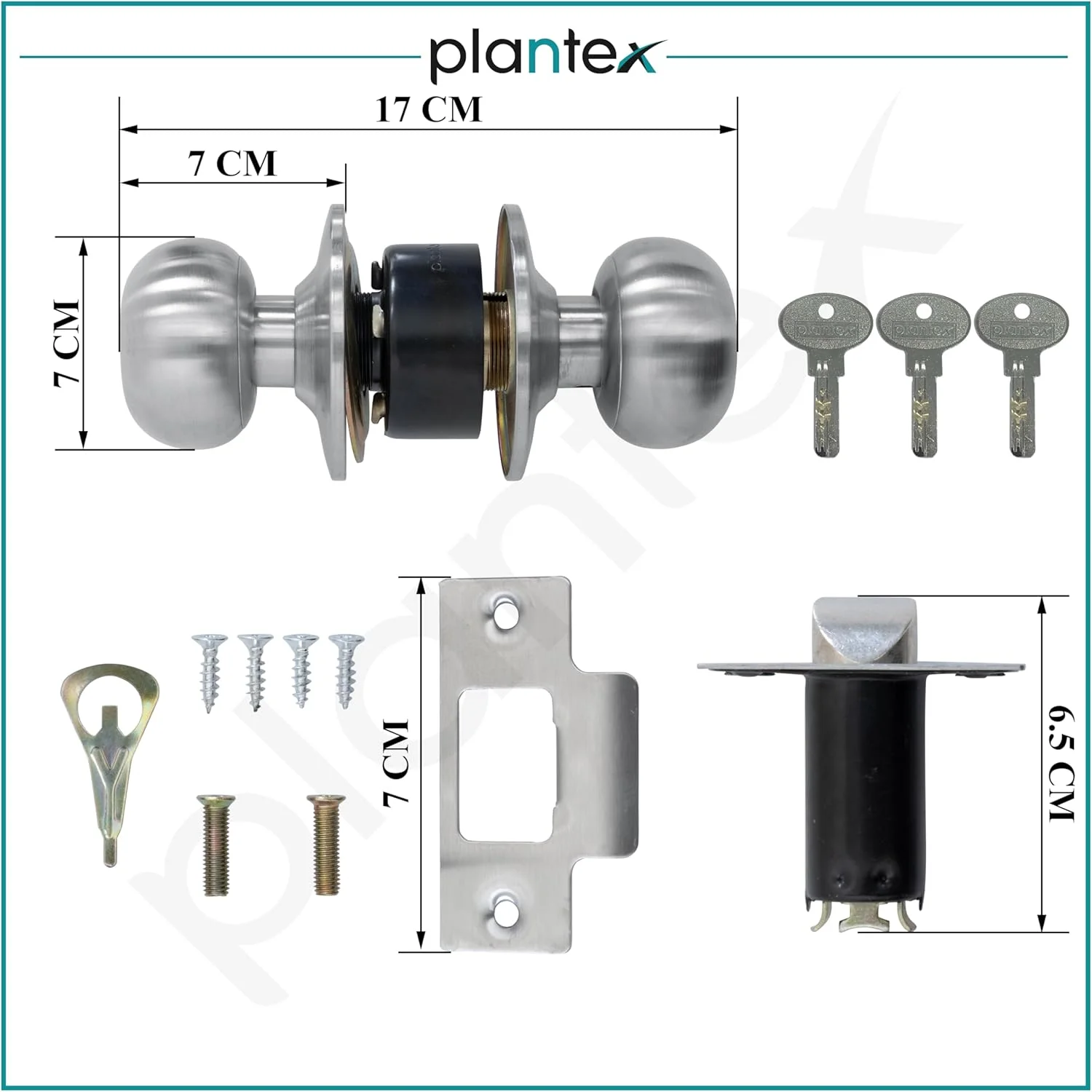قفل درب استیل Plantex - قفل استوانه‌ای با 3 کلید / دستگیره درب لوله‌ای / قفل برای درب اصلی / اتاق خواب (مات)