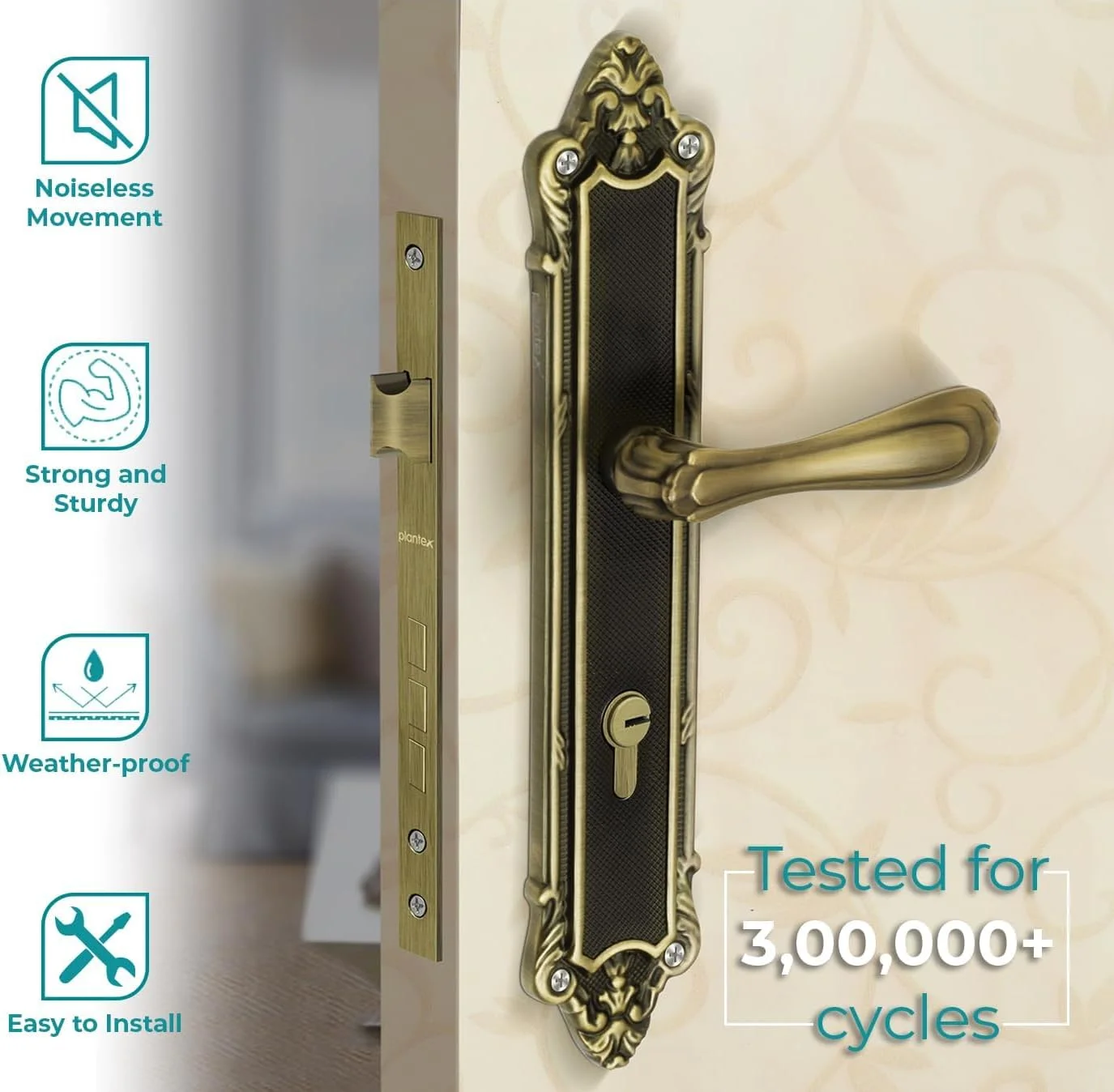 قفل زبانه ای سنگین و با کیفیت Plantex با دستگیره درب، مناسب برای درب اصلی منزل، هتل یا اداره، به همراه دستگیره فشاری/کششی و 3 کلید (برنجی عتیقه)