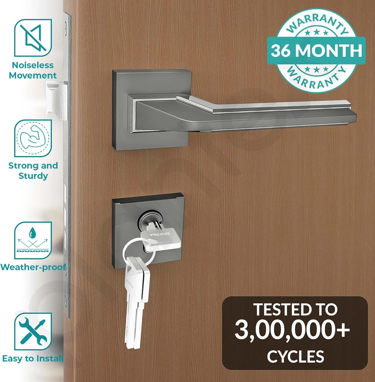 قفل درب مورتایز سنگین پلنتکس با دستگیره درب، مناسب برای درب اصلی منزل، با دستگیره کششی/فشاری برای اتاق خواب/اداره/هتل/حمام، به همراه 3 کلید (مشکی ساتن و مات)