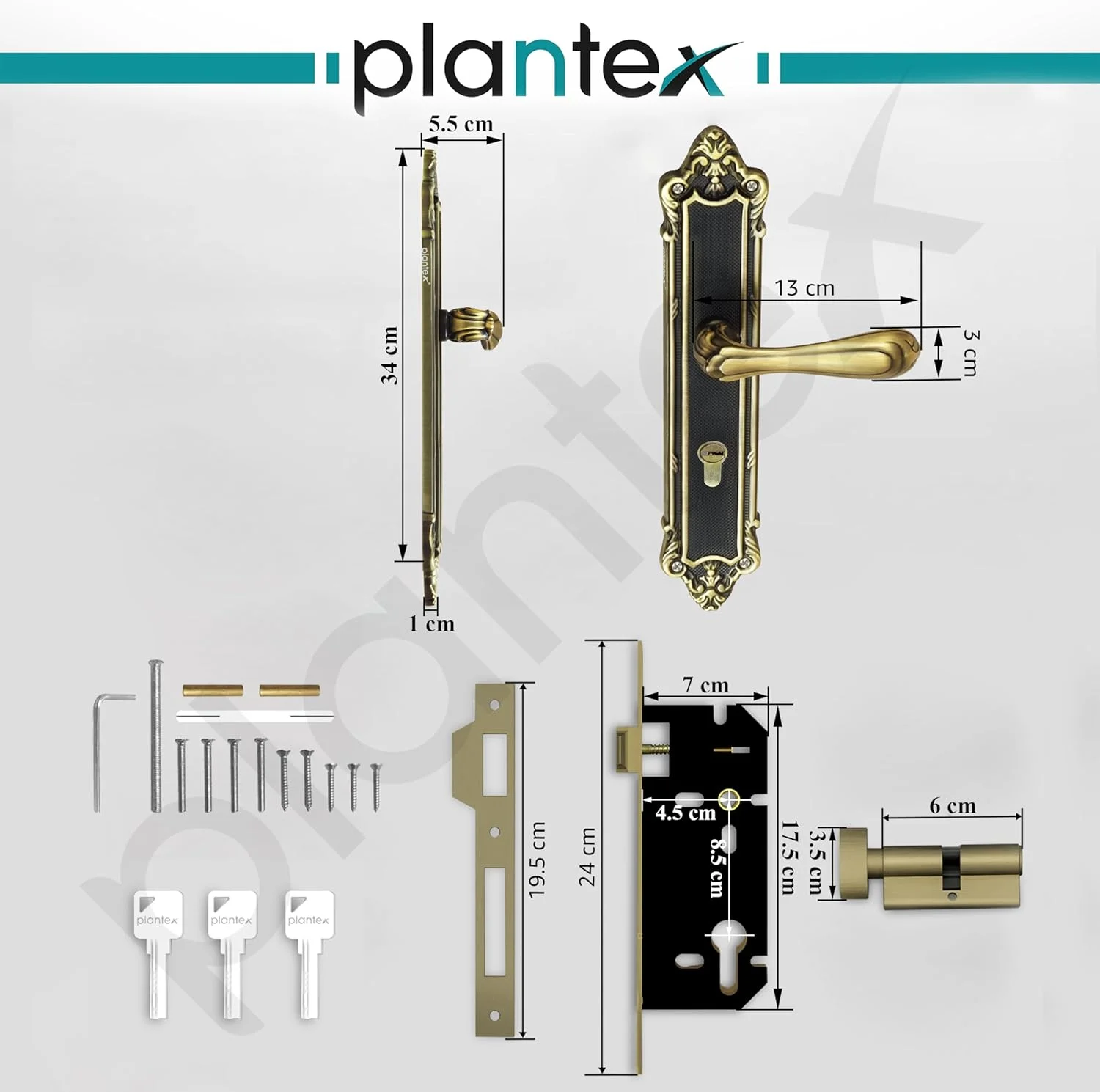 قفل زبانه ای سنگین و با کیفیت Plantex با دستگیره درب، مناسب برای درب اصلی منزل، هتل یا اداره، به همراه دستگیره فشاری/کششی و 3 کلید (برنجی عتیقه)
