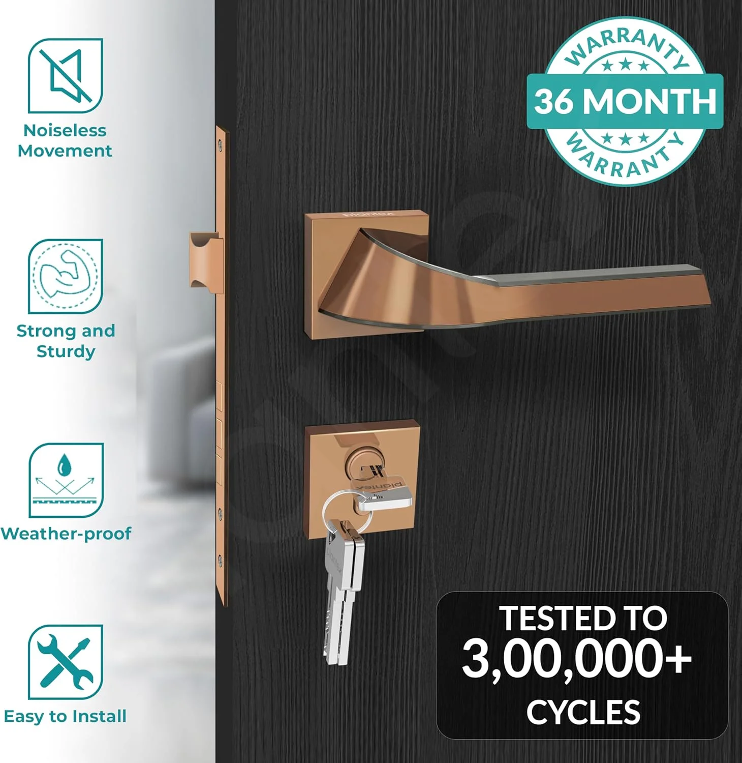 دستگیره درب سنگین Plantex 7090 با زبانه برای تمام درهای خانه/دفتر/هتل ها (PVD-شکلاتی و مشکی اطلسی-مات) - قفل دستگیره درب توکار برای خانه