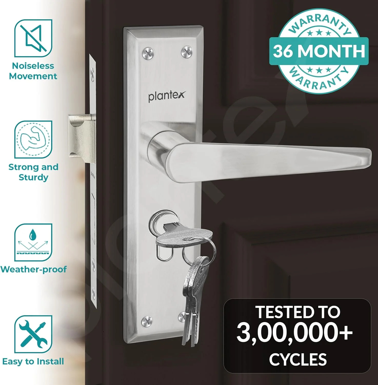 دستگیره قفل درب ورودی پلنتکس / مکانیزم قفل 6 زبانه / قفل زبانه دار با 3 کلید، بدنه و سیلندر قفل برنجی (PTP-05 مات)