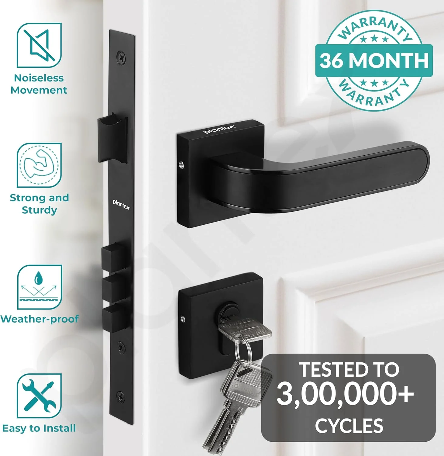 قفل درب سنگین پلنتکس - مجموعه قفل درب اصلی با 3 کلید / قفل زبانه ای برای خانه / دفتر / هتل (APS-7068-DCB-ZB)