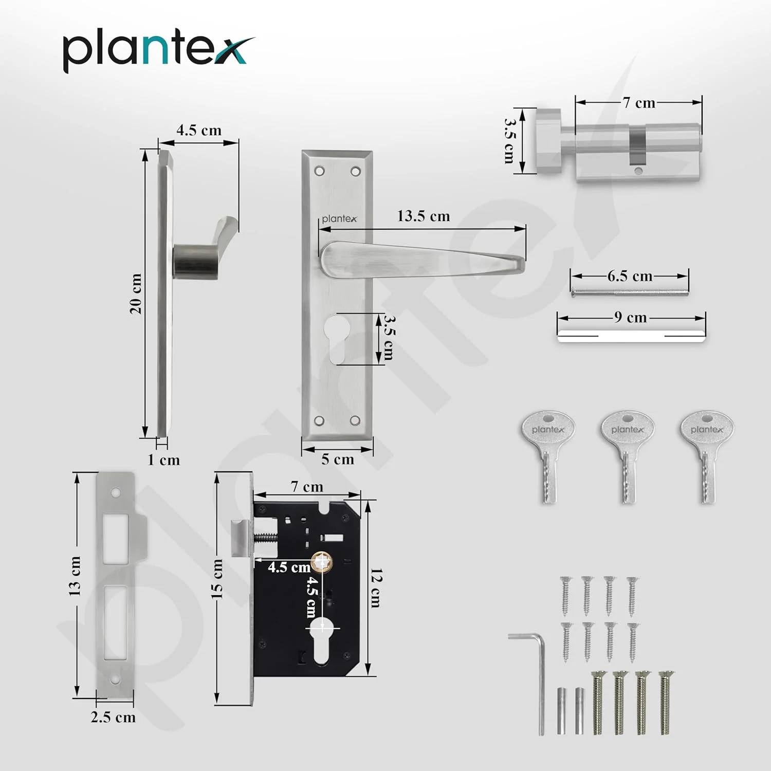 دستگیره قفل درب ورودی پلنتکس / مکانیزم قفل 6 زبانه / قفل زبانه دار با 3 کلید، بدنه و سیلندر قفل برنجی (PTP-05 مات)