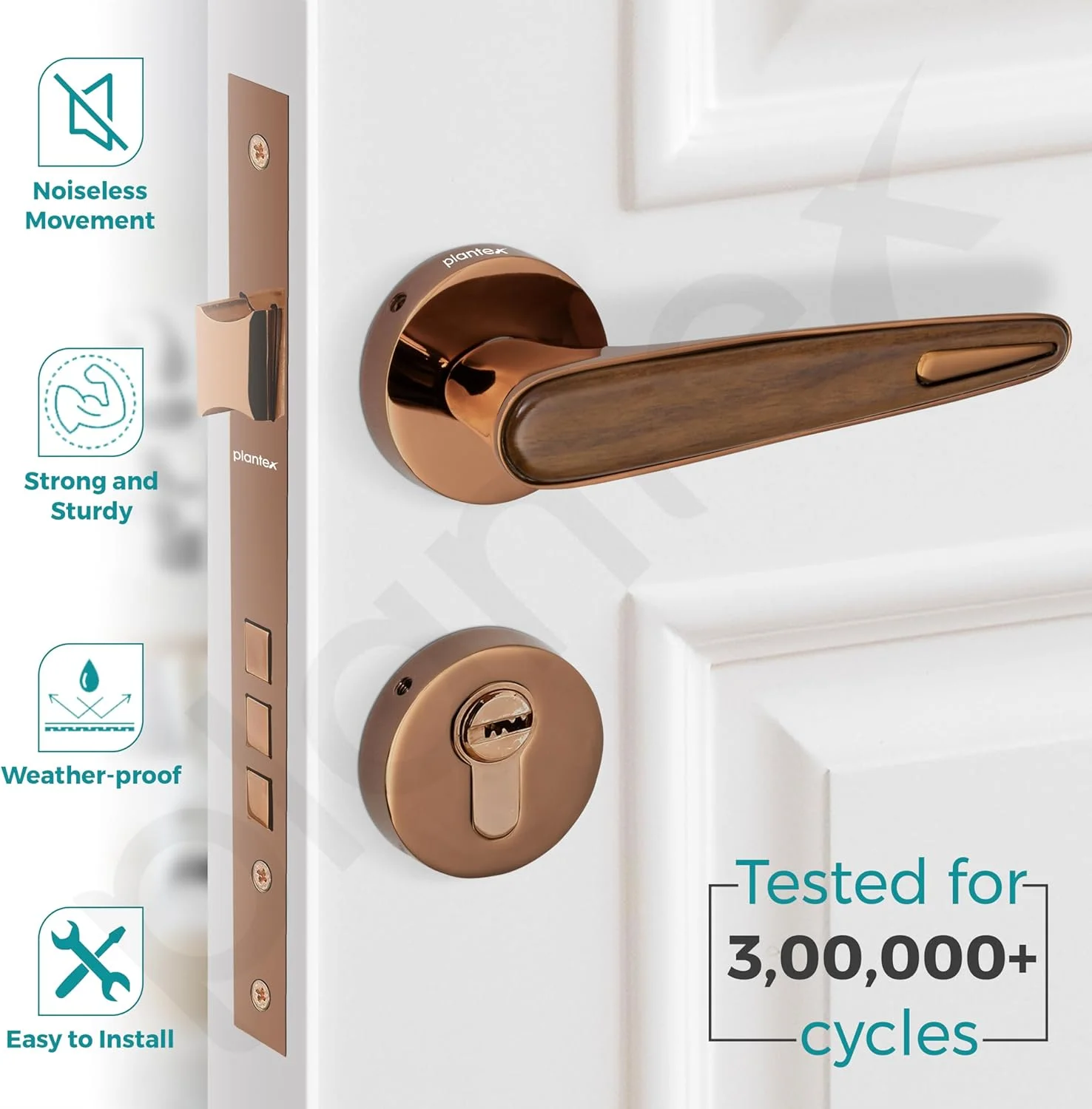 قفل درب پلنتکس پریمیوم / قفل های اصلی درب برای خانه / ست قفل زبانه ای برای درب (طلایی رز PVD و طرح چوب) قفل درب پلنتکس پریمیوم / قفل های اصلی درب برای خانه / ست قفل زبانه ای برای درب (طلایی رز PVD و طرح چوب)