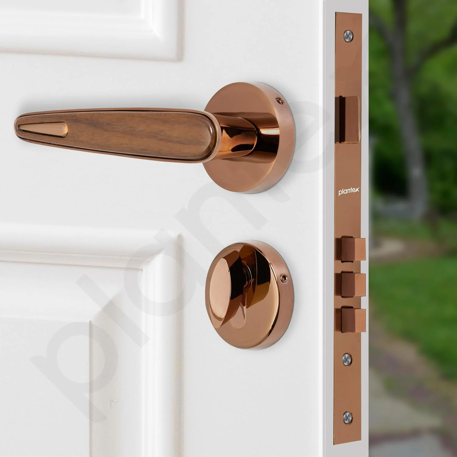 قفل درب پلنتکس پریمیوم / قفل های اصلی درب برای خانه / ست قفل زبانه ای برای درب (طلایی رز PVD و طرح چوب) قفل درب پلنتکس پریمیوم / قفل های اصلی درب برای خانه / ست قفل زبانه ای برای درب (طلایی رز PVD و طرح چوب)